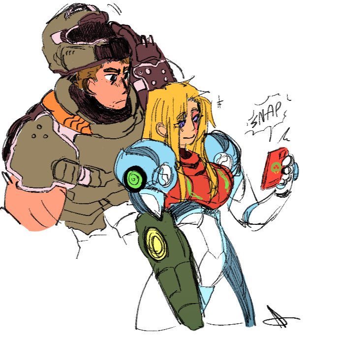 1boy 1girl arm_cannon armor artist_request bangs blonde_hair blue_eyes bodysuit cellphone crossover doom_(series) doom_eternal doomguy gun helmet long_hair metroid metroid_dread mole mole_under_mouth muscular phone ponytail power_suit praetor_suit samus_aran sidelocks simple_background smile weapon