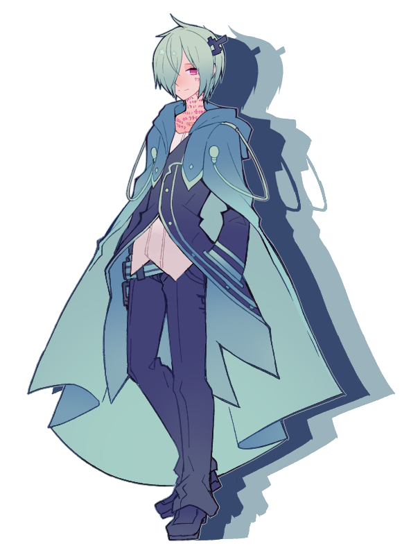 1bitheart 1boy aisaka_mikado blue_footwear blue_jacket blue_pants cape closed_mouth earphones_removed full_body green_cape green_hair hands_in_pockets jacket looking_at_viewer miwasiba number_tattoo official_art pants pink_eyes shirt smile solo tattoo transparent_background white_shirt