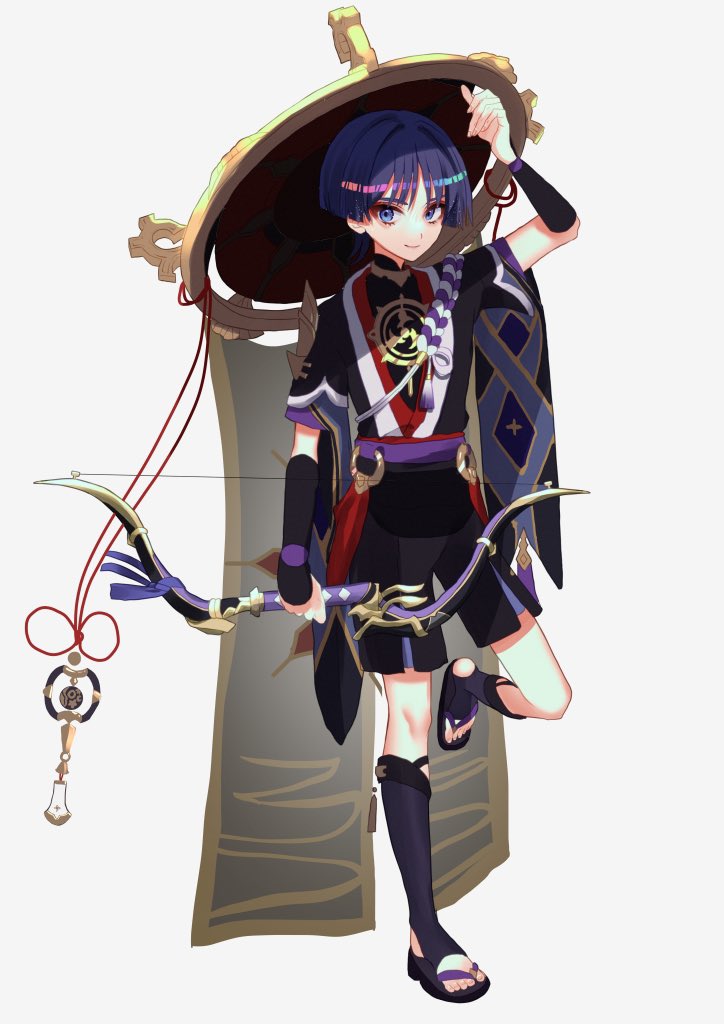 1boy adjusting_clothes adjusting_headwear androgynous arm_guards arm_up armor asymmetrical_armor black_armor black_legwear black_shorts blackchild_owl bow_(weapon) clothing_request commentary_request eyeliner genshin_impact gold_trim hamayumi_(genshin_impact) hat_ornament holding holding_bow_(weapon) holding_weapon japanese_clothes jingasa kneehighs leg_up looking_at_viewer makeup male_focus medium_hair multicolored_clothes multicolored_shorts purple_hair purple_shorts red_eyeliner sandals scaramouche_(genshin_impact) short_sleeves shorts shoulder_pads sideways_glance simple_background single_shoulder_pad smile solo stirrup_legwear tassel toeless_legwear veil violet_eyes weapon white_background wide_sleeves