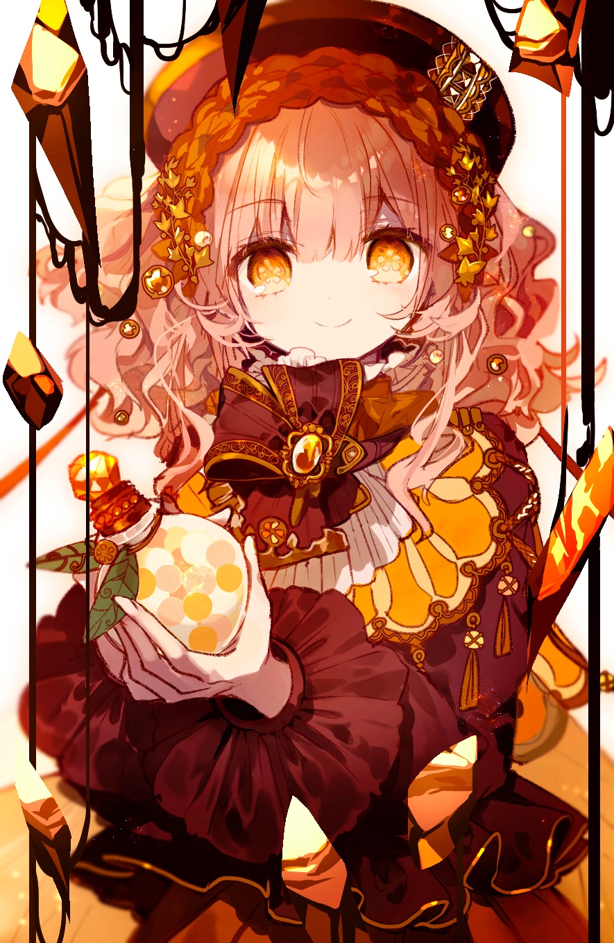 1girl brown_theme closed_mouth cyawa flower-shaped_pupils hat highres holding looking_at_viewer original pink_hair red_shirt shirt smile solo symbol-shaped_pupils tagme upper_body vial