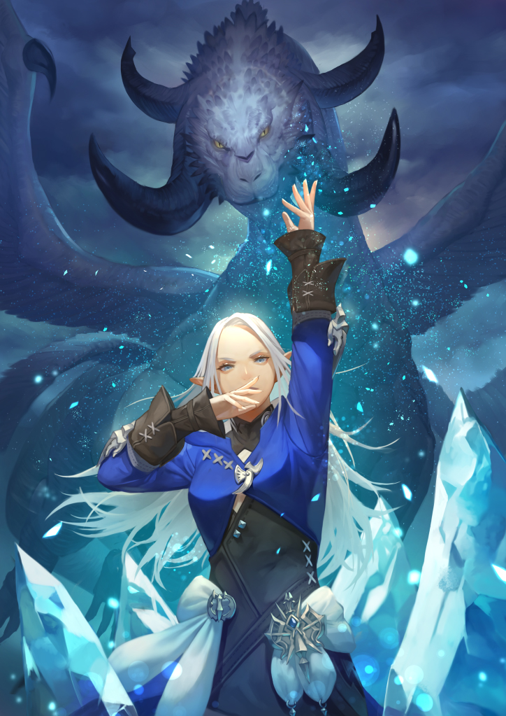 1girl arm_up blue_eyes blue_jacket brooch clouds cloudy_sky covered_mouth cowboy_shot cropped_jacket crystal dragon elezen elf final_fantasy final_fantasy_xiv hand_up horns hraesvelgr_(ff14) jacket jewelry light_particles long_hair long_sleeves looking_at_viewer multiple_horns outdoors pointy_ears shin716 sky slit_pupils standing straight-on white_hair wings yellow_eyes ysayle_dangoulain