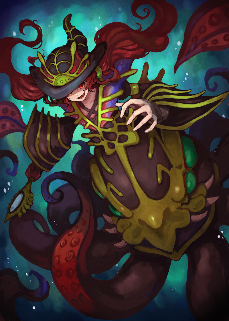 1girl collarbone duel_monster evigishki_gustkraken gloves hand_up hat holding holding_staff ishii_(young-moon) long_hair long_sleeves monster_girl open_mouth red_eyes redhead scylla single_glove solo staff tentacle_girl tentacles underwater wide_sleeves witch_hat yu-gi-oh!