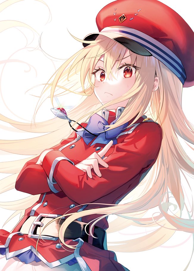 1girl :&lt; bangs belt blonde_hair bow bowtie buttons closed_mouth crossed_arms double-breasted floating_hair hair_between_eyes hat hikikomari_kyuuketsuki_no_monmon jacket jewelry long_hair long_sleeves looking_at_viewer necklace purple_bow purple_bowtie red_eyes red_headwear red_jacket riichu simple_background solo terakomari_gandezblood very_long_hair white_background
