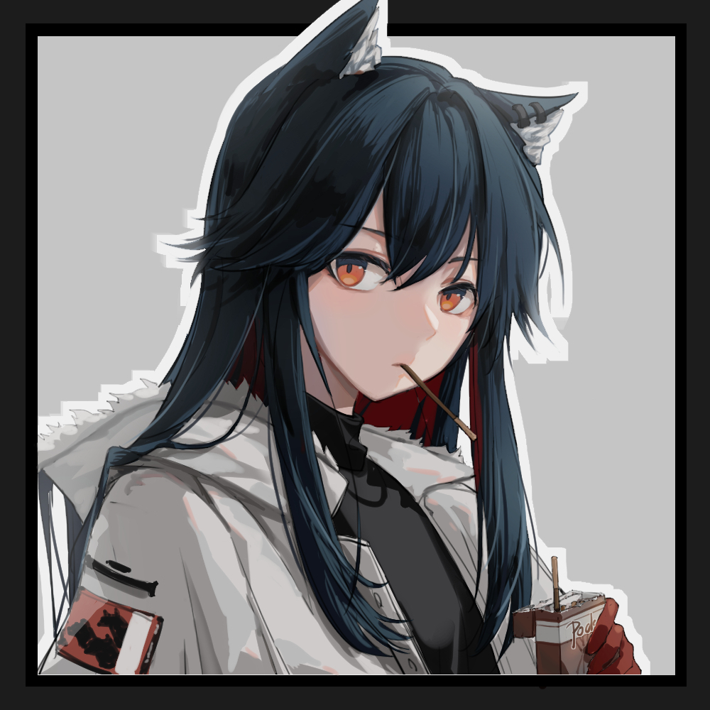 1girl animal_ear_fluff animal_ears arknights bangs black_border black_hair black_shirt boleror_(snowcmpie) border chinese_commentary closed_eyes closed_mouth colored_inner_hair commentary_request food food_in_mouth fur-trimmed_hood fur_trim gloves grey_background holding hood hood_down hooded_jacket jacket long_hair looking_at_viewer mouth_hold multicolored_hair official_alternate_costume open_clothes open_jacket outline outside_border pocky red_eyes red_gloves redhead shirt sidelocks simple_background solo texas_(arknights) texas_(winter_messenger)_(arknights) two-tone_hair white_outline wolf_ears