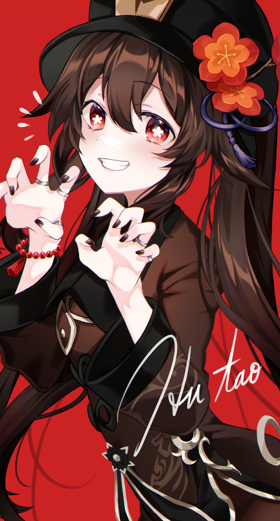 1girl black_nails blush brown_hair character_name chinese_clothes coat flower flower-shaped_pupils genshin_impact hat highres hu_tao_(genshin_impact) jewelry long_hair looking_at_viewer plum_blossoms red_background red_eyes ring suya_moguri symbol-shaped_pupils teeth