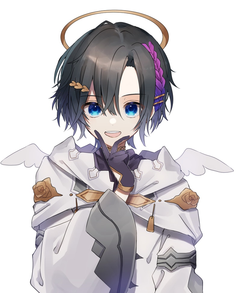 1boy amakake_yui angel angel_wings black_hair blue_eyes blue_hair braid colored_tips commission gloves halo indie_virtual_youtuber long_sleeves looking_at_viewer male_focus mame_kuri multicolored_hair open_mouth purple_hair skeb_commission solo virtual_youtuber white_background wings