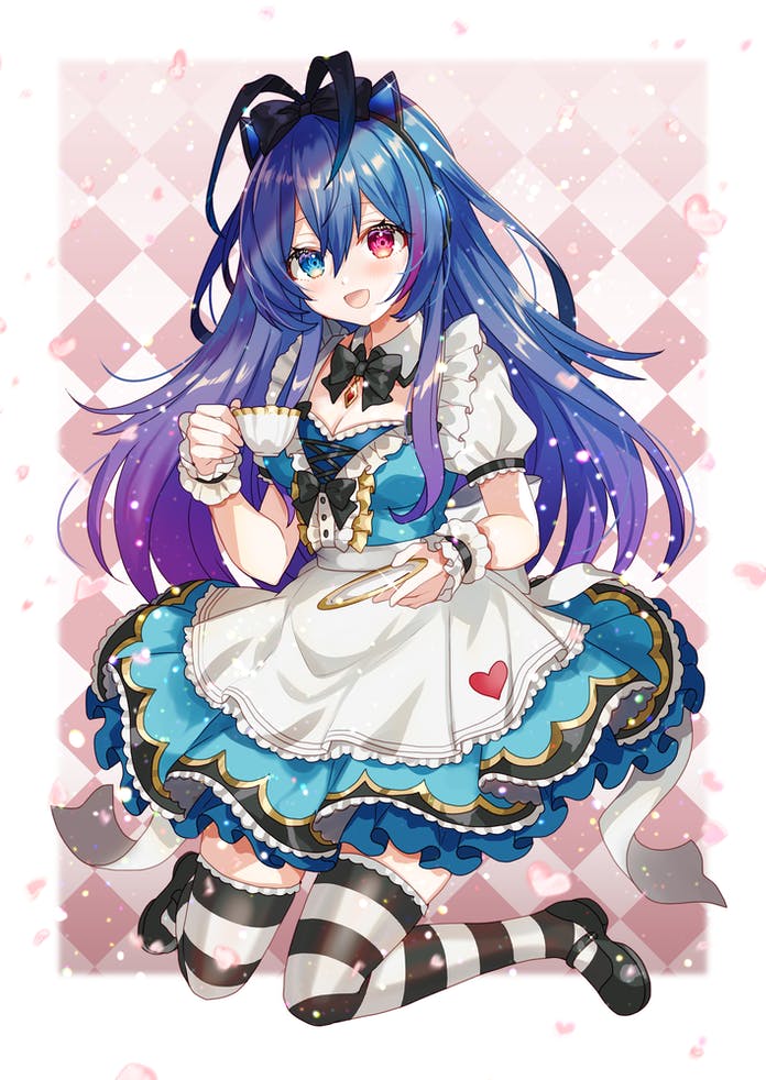 1girl alice_(alice_in_wonderland) alice_(alice_in_wonderland)_(cosplay) blue_eyes blue_hair bow colored_tips commission cosplay cup dress hair_bow heterochromia indie_virtual_youtuber long_hair looking_at_viewer multicolored_hair purple_hair shione_(memento_forest) skeb_commission solo striped striped_legwear teacup thigh-highs violet_eyes virtual_youtuber yorisaka_lemay