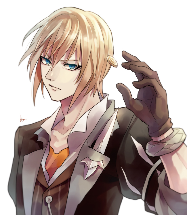 1boy akke bangs black_jacket blonde_hair blue_eyes bracelet brown_gloves brown_vest closed_mouth collarbone eizen_(tales) gloves hair_between_eyes jacket jewelry looking_at_viewer male_focus open_clothes open_jacket orange_shirt shirt short_hair signature simple_background sketch solo striped striped_vest tales_of_(series) tales_of_berseria vertical-striped_vest vertical_stripes vest white_background