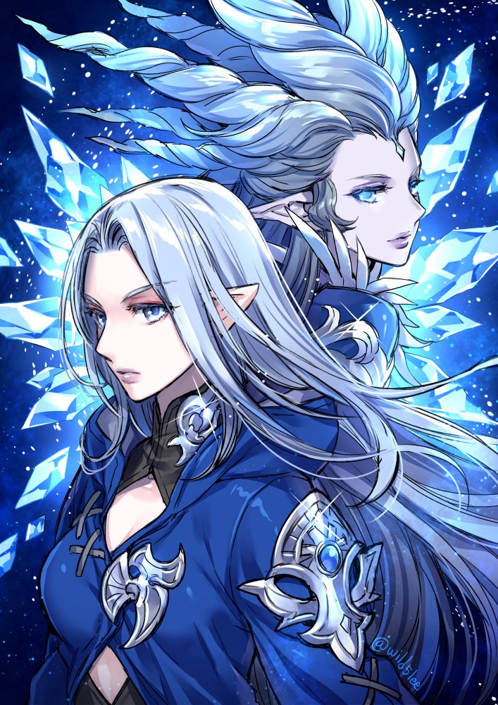 2girls blue_background blue_eyes blue_hair blue_jacket crystal dual_persona elezen elf final_fantasy final_fantasy_xiv from_side glint gradient_hair grey_hair ice_crystal jacket long_hair looking_at_viewer looking_back multicolored_hair multiple_girls pointy_ears purple_lips shiva_(final_fantasy) signature spiky_hair twitter_username upper_body v-shaped_eyebrows wild5lee ysayle_dangoulain