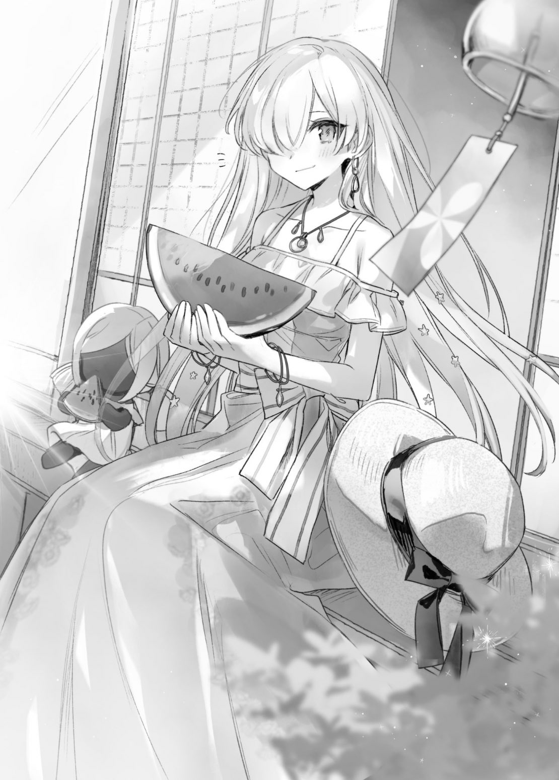 1girl anastasia_(fate) anastasia_(swimsuit_archer)_(fate) anastasia_(swimsuit_archer)_(first_ascension)_(fate) bracelet chocoan dress earrings fate/grand_order fate_(series) greyscale hair_over_one_eye hat hat_removed headwear_removed highres jewelry long_hair monochrome pendant single_earring sitting smile sun_hat sundress watermelon_slice wind_chime yamoge