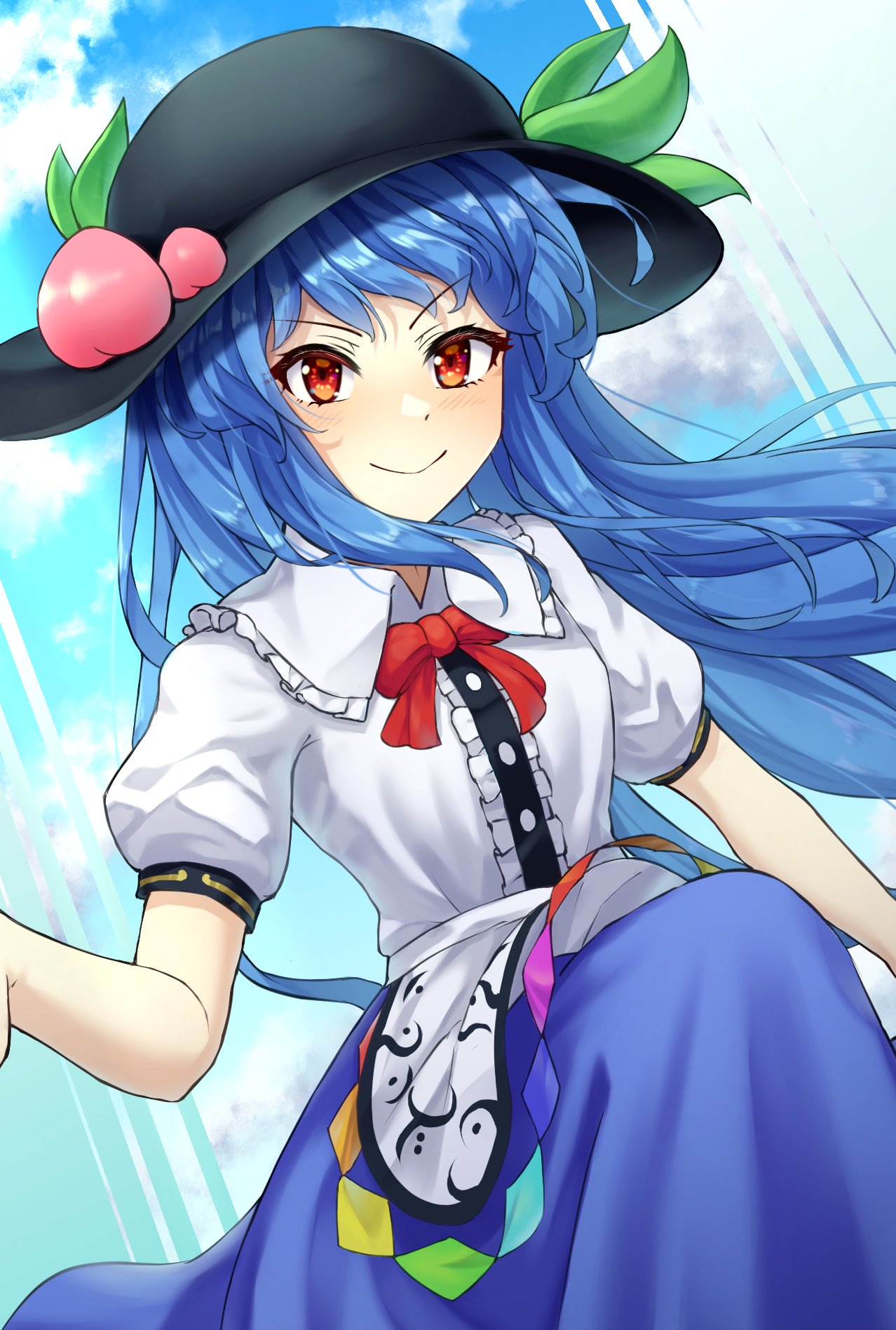 1girl apron black_headwear blue_hair blue_skirt bow bowtie breasts buttons center_frills closed_mouth commentary_request food frilled_shirt_collar frills fruit hat highres hinanawi_tenshi long_hair peach_hat_ornament puffy_short_sleeves puffy_sleeves rainbow_gradient rainbow_order red_bow red_bowtie red_eyes shirt short_sleeves skirt small_breasts smile solo touhou v-shaped_eyebrows waist_apron white_apron white_shirt yosshy