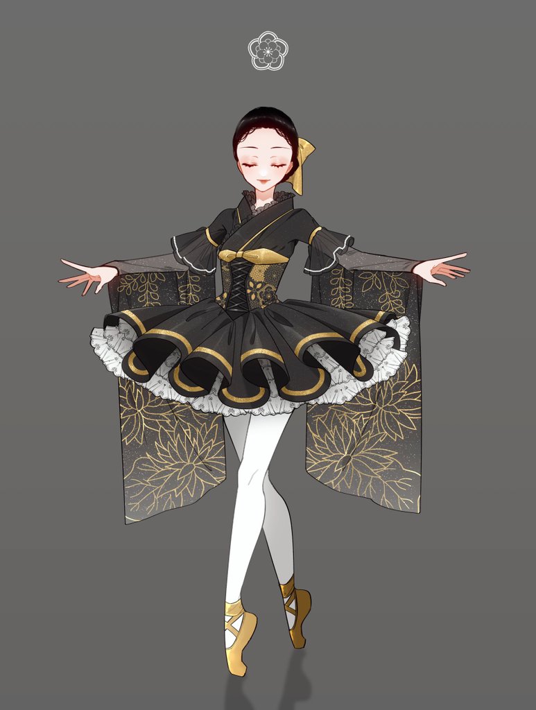 1girl ballerina ballet ballet_slippers black_dress black_hair closed_mouth corset cross-laced_clothes dress en_pointe eyelashes facing_viewer floral_print flower full_body furisode gold_trim grey_background hair_ribbon hanatsuki japanese_clothes kimono layered_sleeves lipstick long_sleeves makeup obi original outstretched_arms pantyhose petticoat pleated_dress ribbon sash see-through short_dress short_over_long_sleeves short_sleeves simple_background smile solo spread_arms standing updo white_legwear yellow_footwear yellow_ribbon