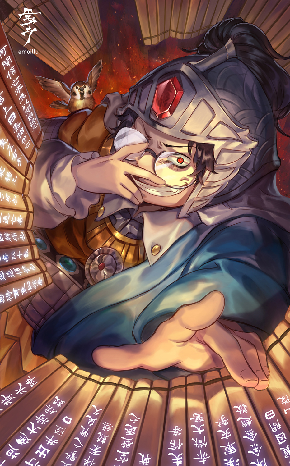 1boy artist_name bird black_hair chinese_clothes emoillu evil_smile fate/grand_order fate_(series) fighting_stance from_above glasses grin han_xin_(fate) helmet highres male_focus pointing pointing_at_viewer red_eyes round_eyewear smile solo