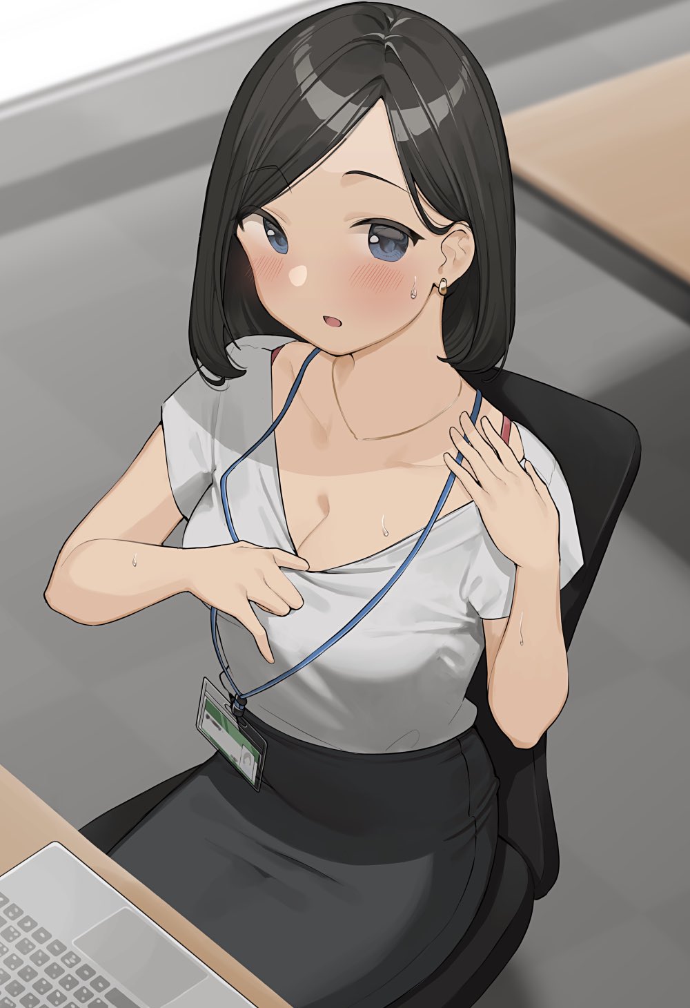 1girl black_hair black_skirt blue_eyes blush chair earrings grey_shirt high-waist_skirt highres id_card indoors jewelry keyboard_(computer) lanyard office_lady ol_mahonanoka original pencil_skirt shirt sitting skirt solo