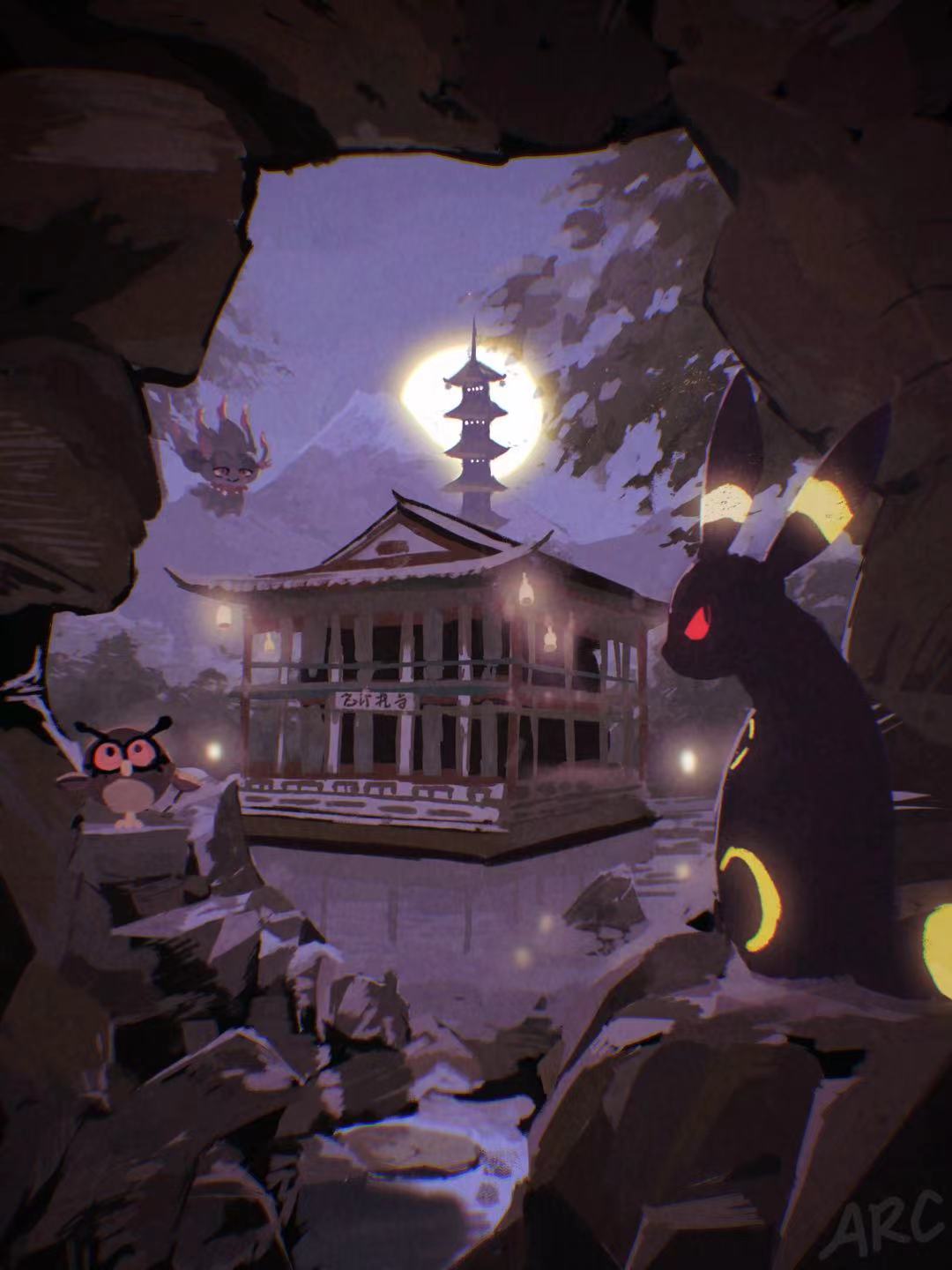 3others arc_draws architecture brush_stroke cave east_asian_architecture faux_traditional_media floating full_moon highres hoothoot lantern moon mountainous_horizon multiple_others nature night night_sky no_humans outdoors pokemon pond rock scenery sky umbreon water