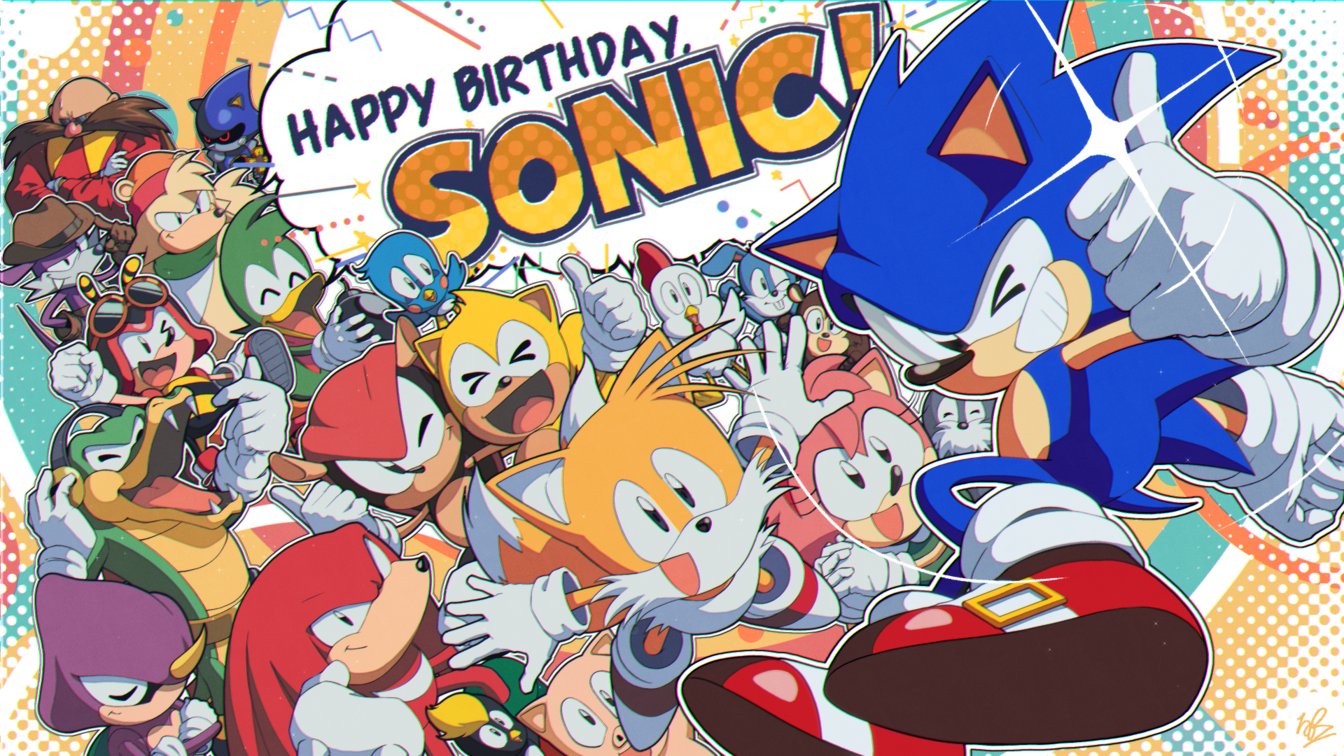 1girl 6+boys :d amy_rose bald banel_springer bark_the_polar_bear bean_the_dynamite character_name charmy_bee closed_eyes dr._eggman espio_the_chameleon everyone facial_hair fang_the_sniper flicky_(character) gloves goggles goggles_on_head grin happy_birthday hat knuckles_the_echidna metal_sonic mighty_the_armadillo multiple_boys mustache one_eye_closed ray_the_flying_squirrel red_footwear second-party_source shoes smile sneakers sonic_(series) sonic_the_hedgehog sonic_the_hedgehog_(classic) tails_(sonic) thumbs_up vector_the_crocodile white_gloves