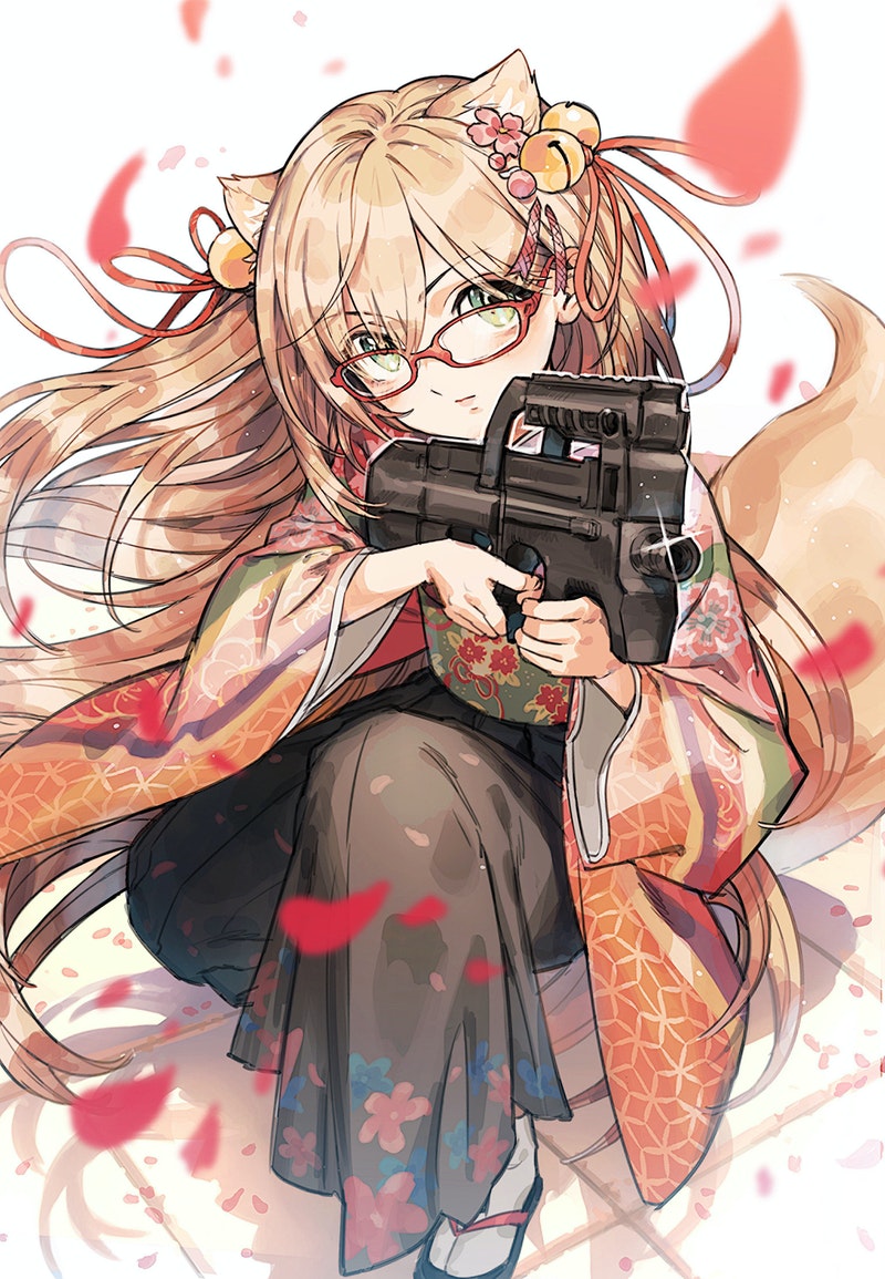 1girl akaho_minori animal_ear_fluff animal_ears bell black_pants bullpup commission flower glasses green_eyes gun hair_bell hair_flower hair_ornament hakama hakama_pants haro_mikan holding holding_gun holding_weapon indie_virtual_youtuber japanese_clothes long_hair p90 pants pink_flower sandals skeb_commission solo squatting submachine_gun tail very_long_hair virtual_youtuber weapon