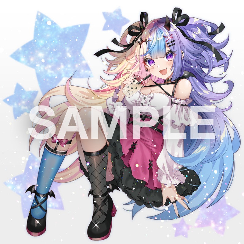 1girl blue_hair blush bubble_tea commission demon_girl demon_horns demon_tail dress horns indie_virtual_youtuber lilith_achter long_hair multicolored_hair open_mouth pink_hair purple_hair sample_watermark shione_(memento_forest) skeb_commission smile solo split-color_hair tail very_long_hair violet_eyes virtual_youtuber