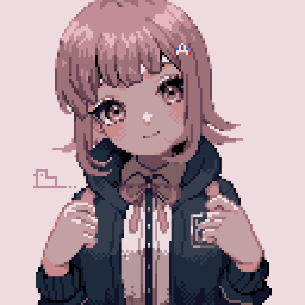 1girl ahiru_tokotoko bangs bird brown_eyes closed_mouth danganronpa_(series) danganronpa_2:_goodbye_despair duck hood hoodie light_brown_background light_brown_hair looking_at_viewer nanami_chiaki pixel_art short_hair simple_background smile solo spaceship_hair_ornament upper_body