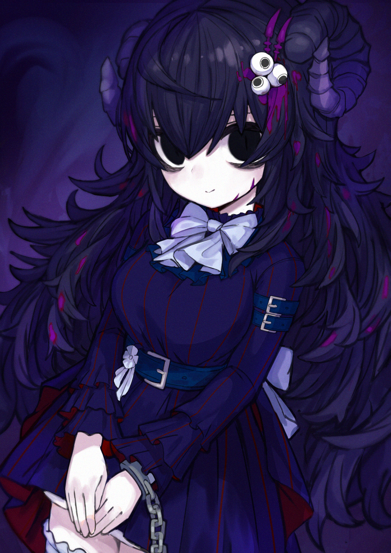 1girl ahoge arm_belt armband back_bow bags_under_eyes bangs belt black_eyes black_hair blush bow bowtie cuffs dress empty_eyes eyeball_hair_ornament facial_mark flower frills horns ketopon long_hair long_sleeves looking_at_viewer messy_hair multicolored_hair original own_hands_together purple_hair scar scar_on_face shackles sheep_horns smile solo spotted_hair striped striped_dress thigh-highs two-tone_hair v_arms very_long_hair