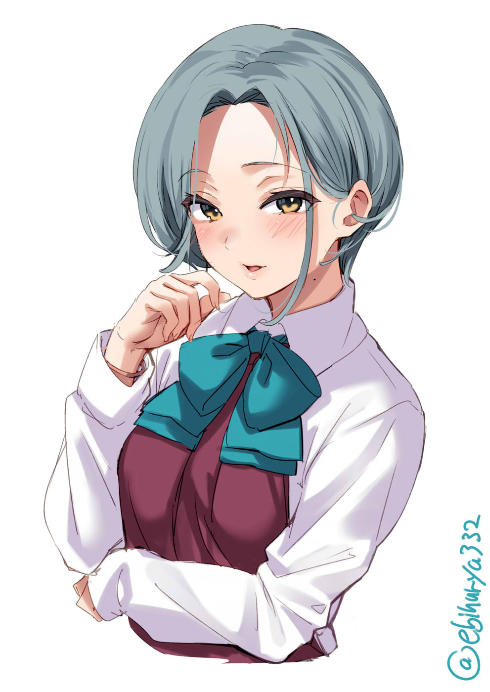 1girl aqua_bow aqua_bowtie bangs blue_bow blue_bowtie blush bow bowtie bracelet breasts cowboy_shot dress ebifurya forehead grey_hair hair_behind_ear halterneck highres jewelry kantai_collection lips long_sleeves looking_at_viewer mole mole_on_neck one-hour_drawing_challenge open_mouth pleated_dress school_uniform serafuku shirt short_hair simple_background small_breasts solo swept_bangs tamanami_(kancolle) twitter_username upper_body white_background white_shirt yellow_eyes