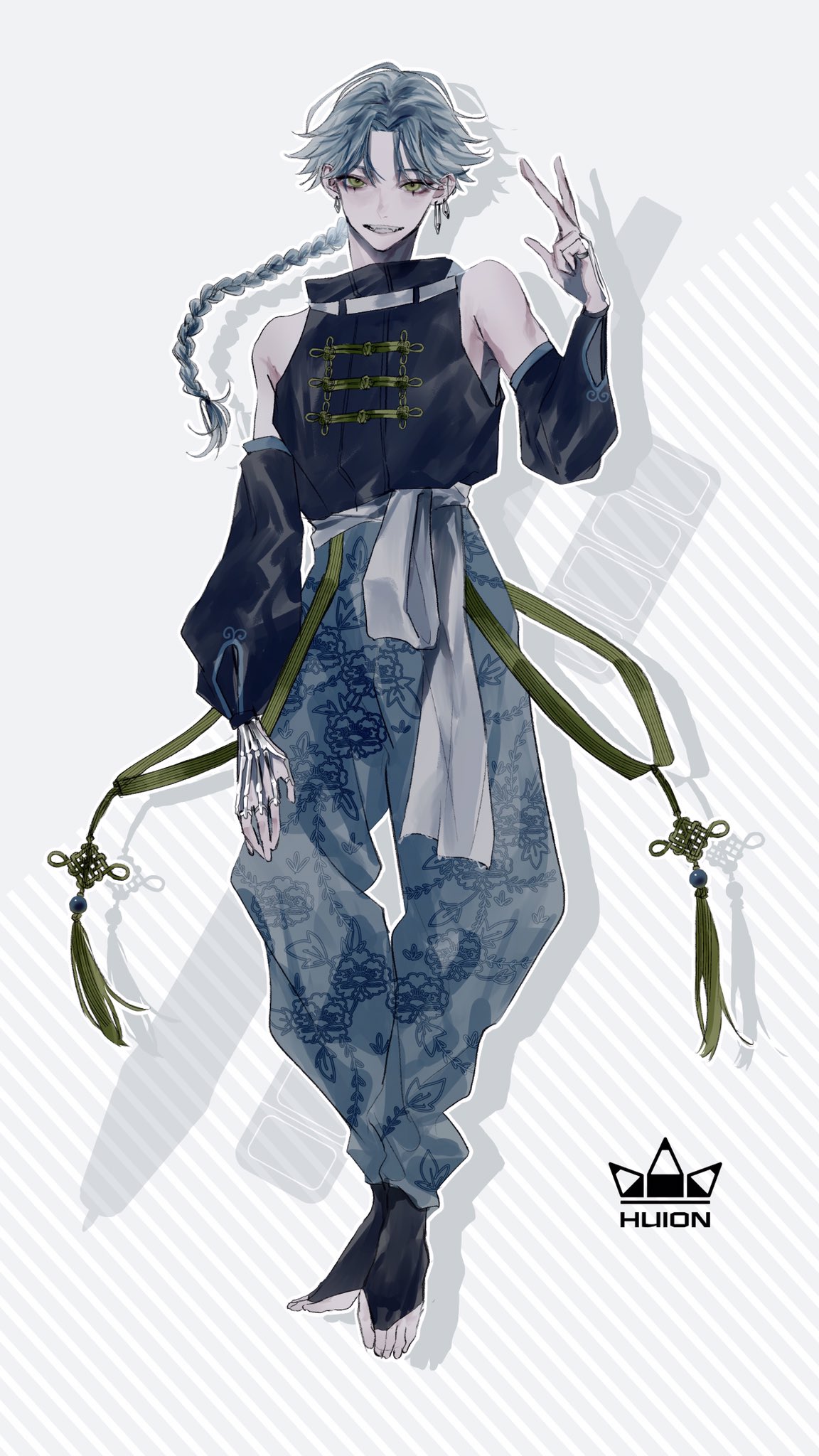 1boy bare_shoulders blue_hair braid bright_pupils chinese_clothes detached_sleeves earrings facial_mark floral_print green_eyes highres huion jewelry long_hair looking_at_viewer male_focus original outline parted_lips patterned patterned_clothing silhouette smile solo stylus taiyakitarou tassel teeth white_outline white_pupils