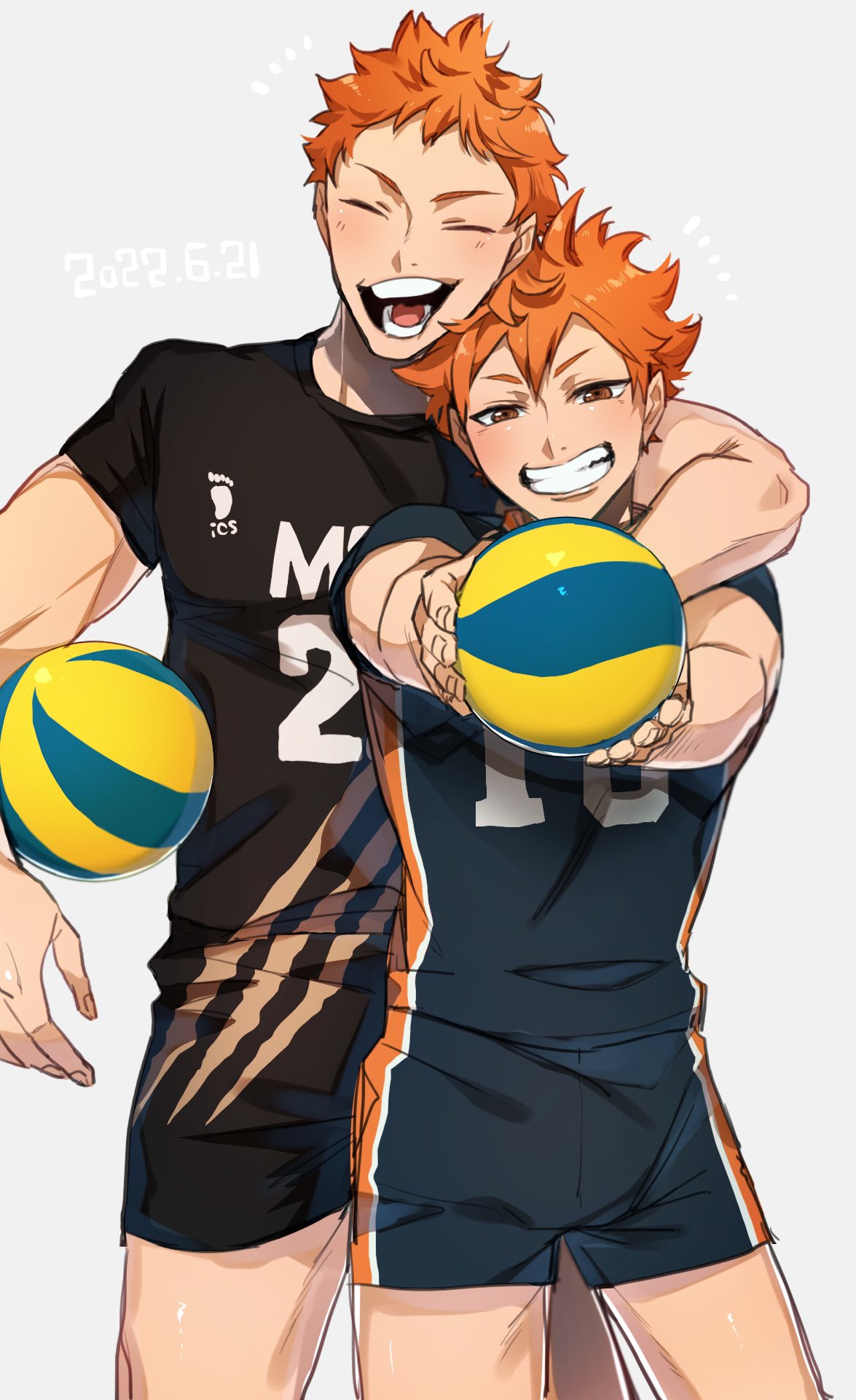 2boys age_comparison arm_around_neck ball brown_eyes closed_eyes commentary_request dated dual_persona grey_background grin haikyuu!! highres hinata_shouyou holding holding_ball looking_at_viewer multiple_boys obakegm older open_mouth orange_hair smile sportswear time_paradox volleyball volleyball_uniform