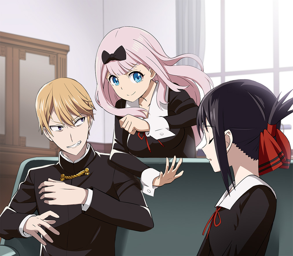 1boy 2girls black_bow black_hair blonde_hair blue_eyes bow folded_ponytail fujiwara_chika hair_bow hair_ribbon indoors kaguya-sama_wa_kokurasetai_~tensai-tachi_no_renai_zunousen~ long_hair long_sleeves looking_at_another multiple_girls nyoro_(nyoronyoro000) pink_hair red_ribbon ribbon school_uniform shirogane_miyuki short_hair shuuchiin_academy_school_uniform smile window