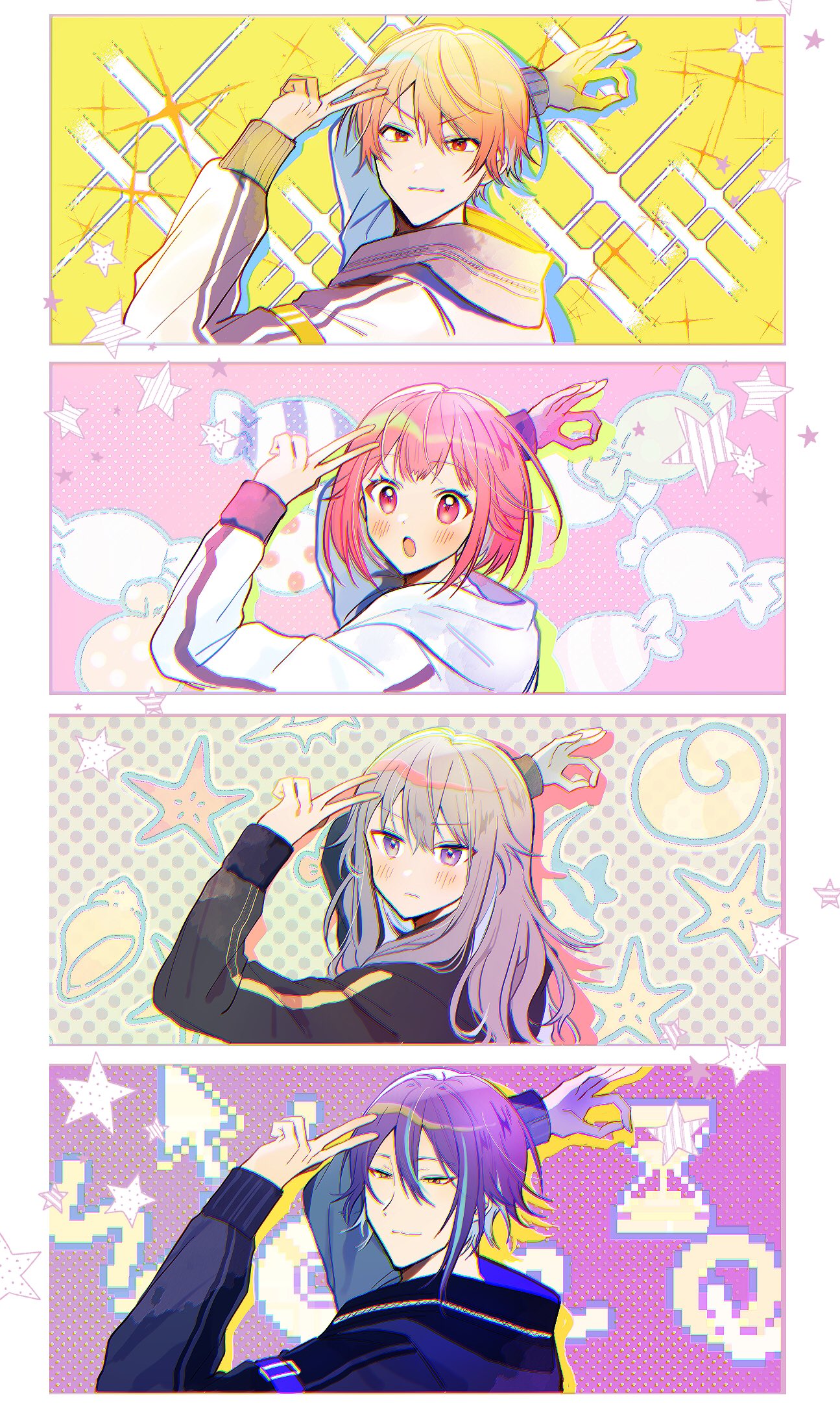 arms_up blonde_hair goodbye_sengen_(vocaloid) grey_hair highres hood hoodie kamishiro_rui kusanagi_nene manami_(aph-23) ok_sign ootori_emu pink_hair project_sekai purple_hair tenma_tsukasa v wonderlands_x_showtime_(project_sekai)