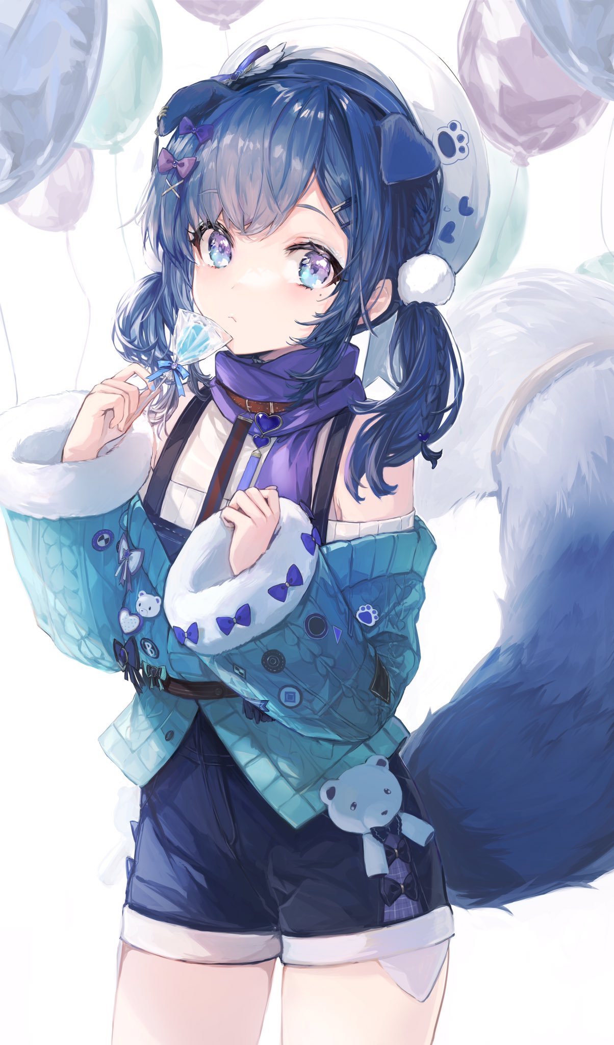 1girl aiba_uiha animal_ears balloon bangs blue_eyes blue_hair blue_shorts bow candy closed_mouth collar cowboy_shot dog_ears dog_tags dog_tail ears_down food frown green_sweater hair_bow hair_ornament hat highres lollipop long_hair looking_at_viewer low_twintails nekojita_(ika_neko46) nijisanji off_shoulder scarf shorts solo sweater tail twintails virtual_youtuber x_hair_ornament