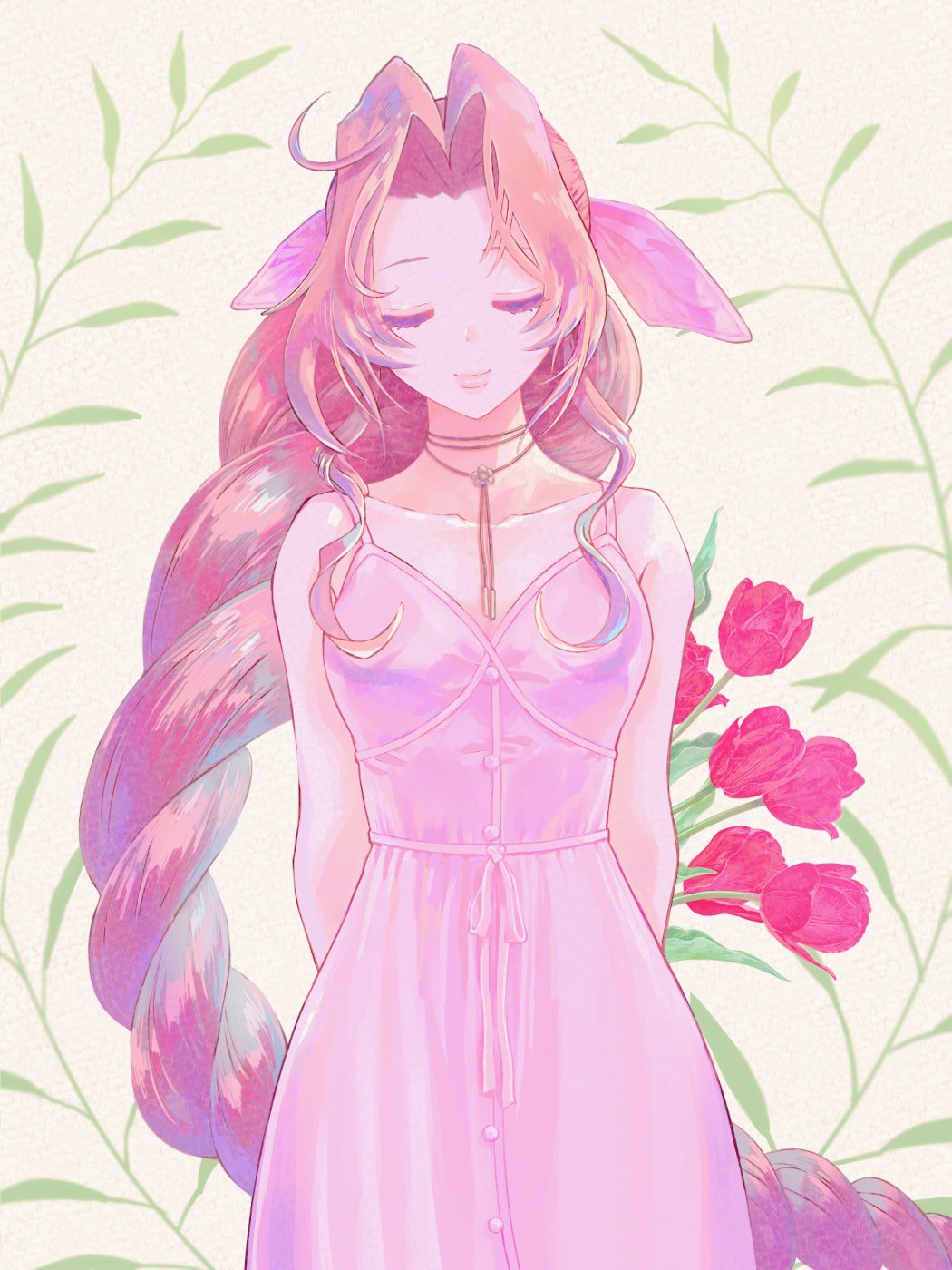 1girl aerith_gainsborough bangs braid breasts brown_hair closed_eyes closed_mouth collarbone dress final_fantasy final_fantasy_vii final_fantasy_vii_remake flower highres jewelry leaf long_hair necklace pink_dress pink_ribbon ribbon solo tsukihara_gaku2 tulip very_long_hair