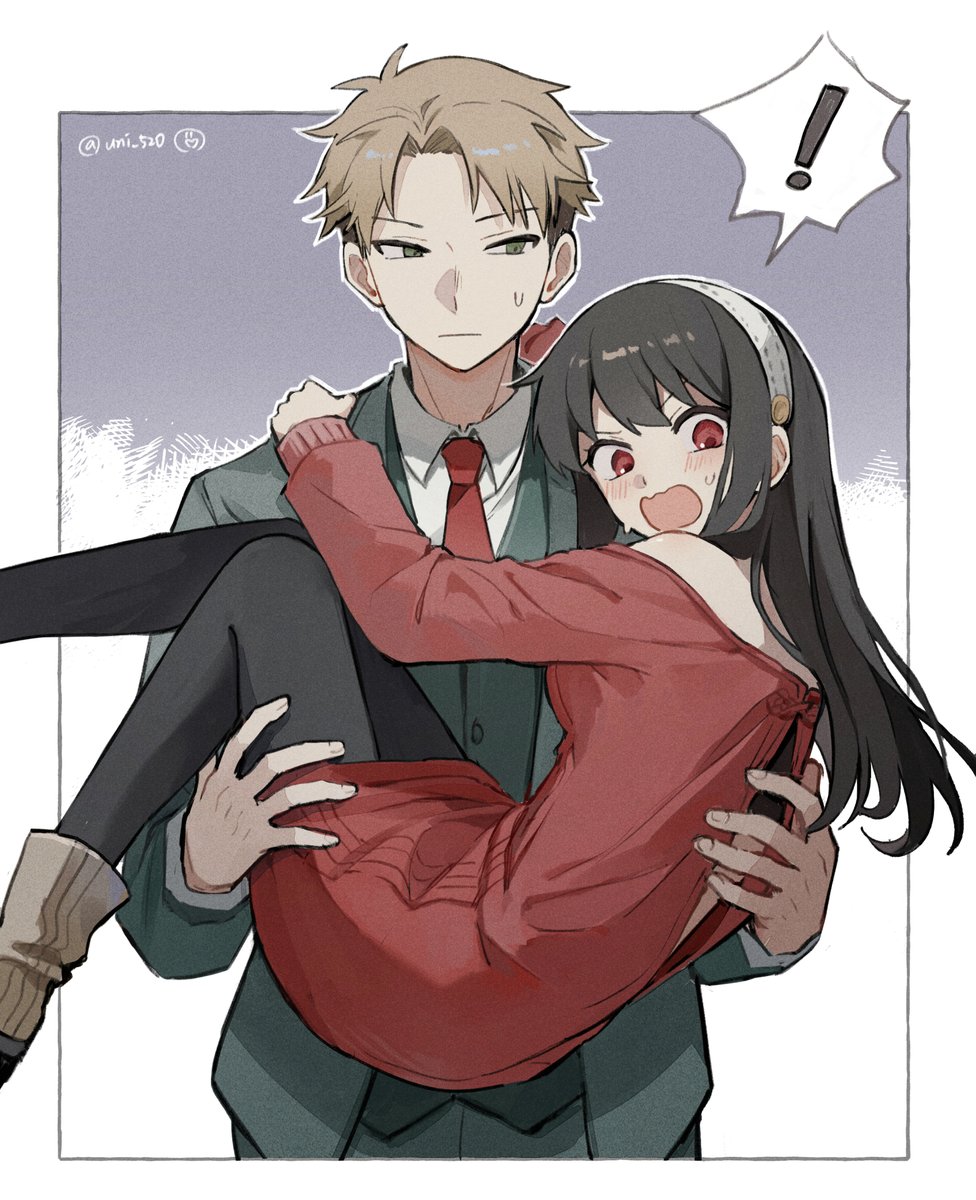 ! 1boy 1girl black_hair black_legwear blonde_hair blush border carrying carrying_person collared_shirt dango_(uni_520) dress formal green_suit highres husband_and_wife necktie open_mouth outline red_dress red_eyes red_necktie shirt short_hair_with_long_locks spoken_exclamation_mark spy_x_family standing suit sweatdrop twilight_(spy_x_family) twitter_username white_border white_outline white_shirt yor_briar