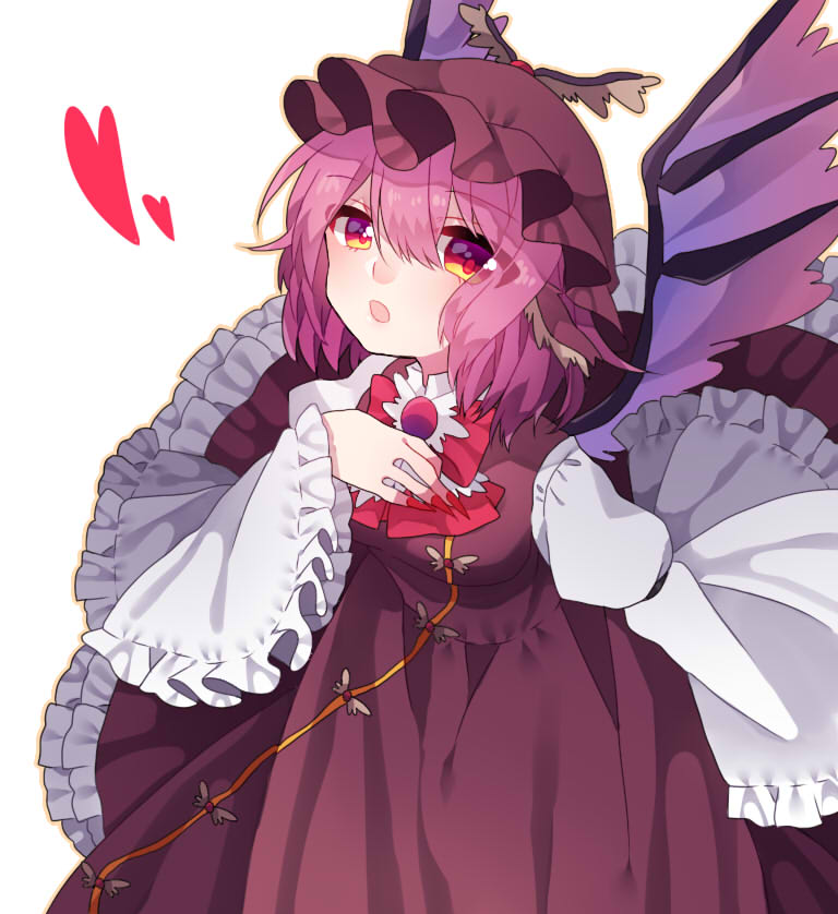 1girl animal_ears bird_ears bird_wings blush brown_dress brown_headwear dress fingernails frilled_dress frilled_sleeves frills hair_between_eyes heart long_fingernails long_sleeves mystia_lorelei nail_polish open_mouth pink_hair pink_wings red_nails renka_(sutegoma25) sharp_fingernails short_hair simple_background solo touhou white_background wide_sleeves winged_hat wings yellow_eyes