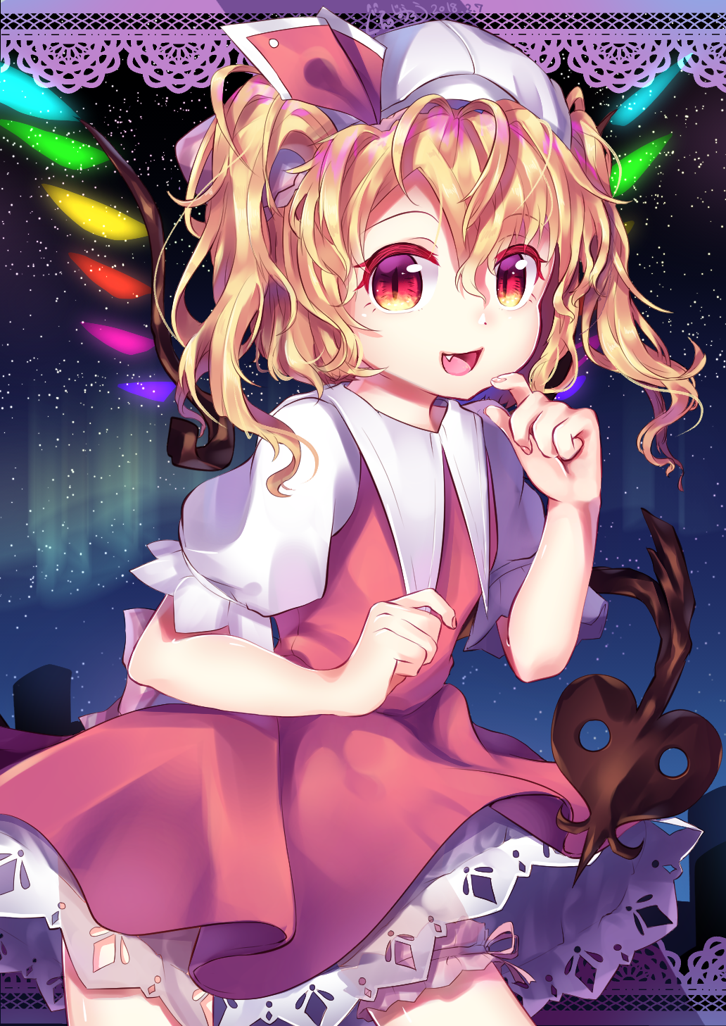 1girl aurora blonde_hair bloomers constellation contrapposto cowboy_shot crescent_moon crystal earth_(planet) fang fireworks flandre_scarlet full_moon gunjou_row hat hat_ribbon highres light_particles looking_at_viewer milky_way mob_cap moon moonlight night night_sky open_mouth planet puffy_short_sleeves puffy_sleeves red_eyes red_ribbon ribbon shirt shooting_star short_sleeves skirt sky solo space star_(sky) star_(symbol) starry_background starry_sky starry_sky_print tanabata tanzaku touhou underwear wings