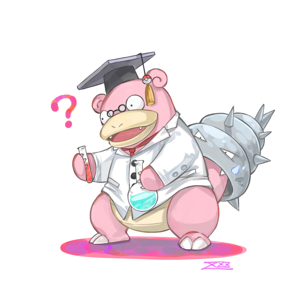 ? buttons claws clothed_pokemon collared_shirt commentary_request fangs full_body glasses hat hatted_pokemon holding looking_down mortarboard open_mouth oyasuminjyutsu pokemon round_eyewear shirt slowbro standing test_tube tongue white_shirt