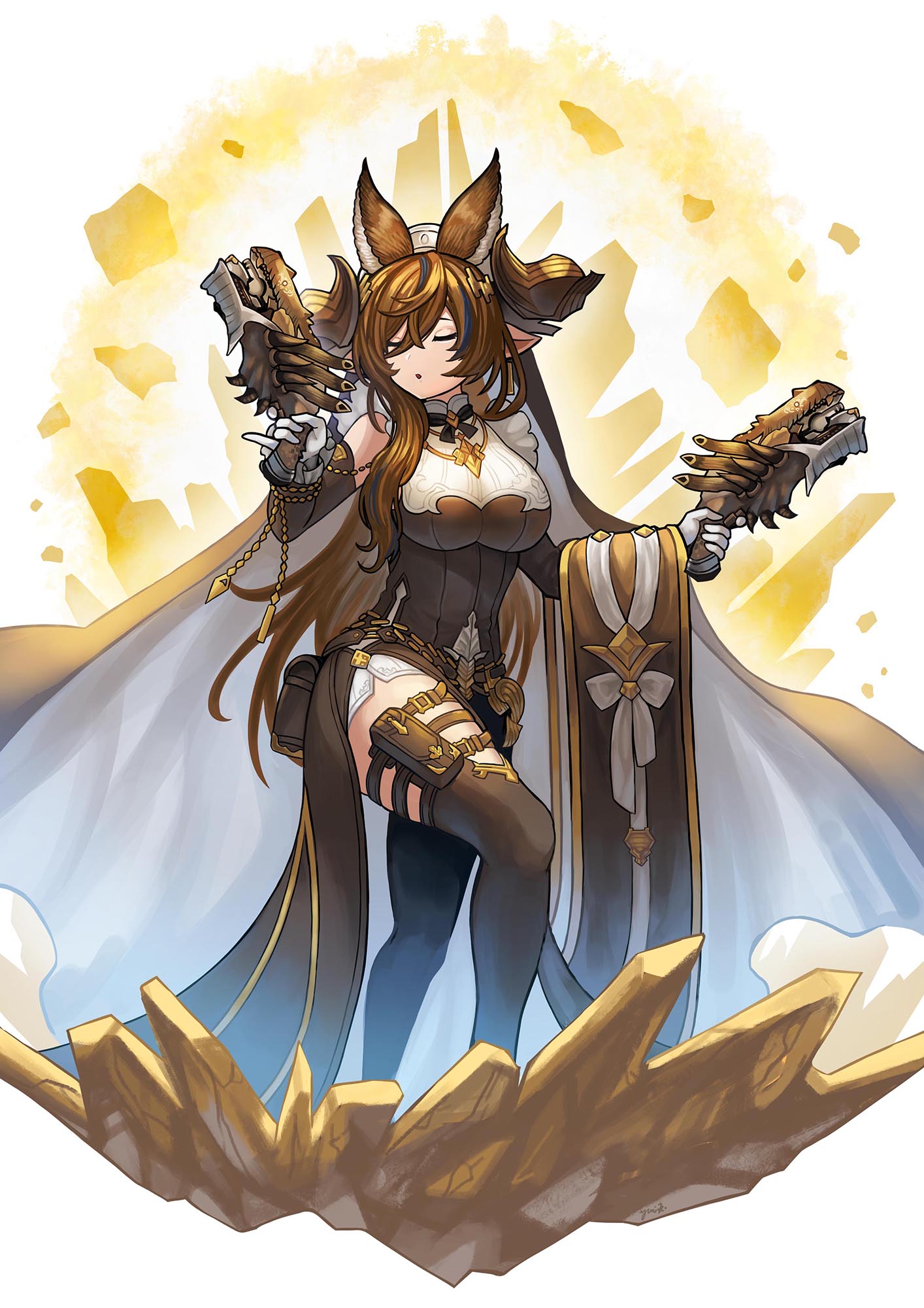 1girl animal_ears bangs breasts brown_hair closed_eyes detached_sleeves dual_wielding extra_ears galleon's_jaw galleon_(granblue_fantasy) gloves granblue_fantasy gun highres holding horns large_breasts long_hair multicolored_hair pinky_out pointy_ears rock sidelocks smile solo streaked_hair very_long_hair weapon white_gloves yuiko_(yuiyuiko_108)