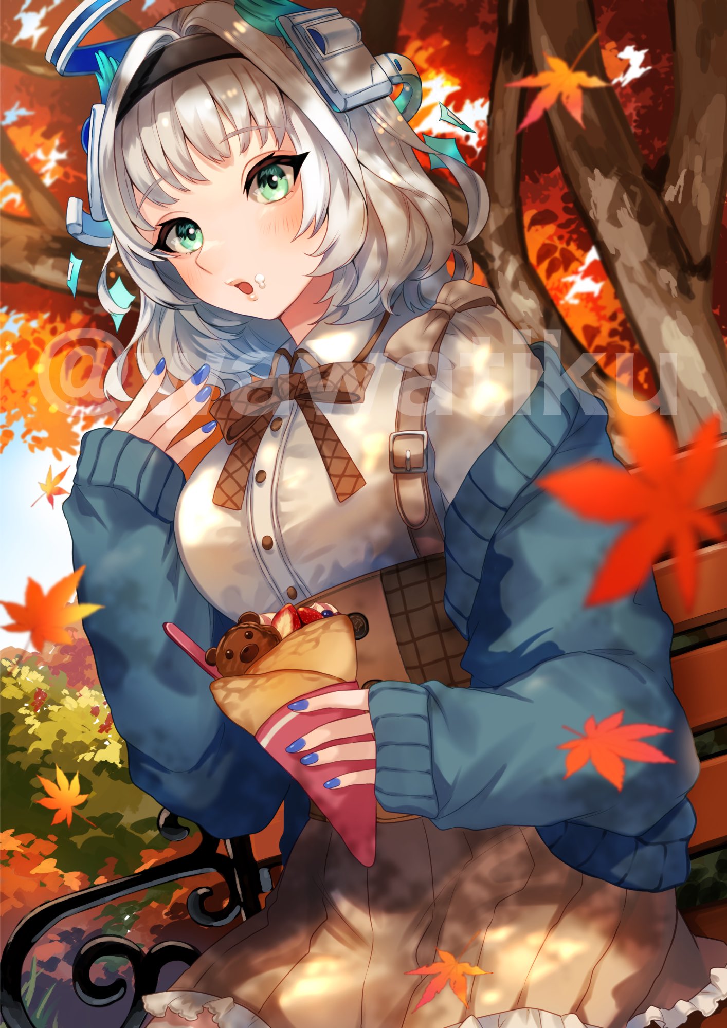 1girl autumn autumn_leaves bench berry blue_nails bow casual cream cream_on_face crepe dessert dress eating falling_leaves food food_on_face food_wrapper frilled_dress frills fruit green_eyes halo headband highres holding holding_food kamishiro_rita leaf maple_leaf nail_polish off_shoulder prism_project solo strawberry virtual_youtuber watermark wawatiku white_hair