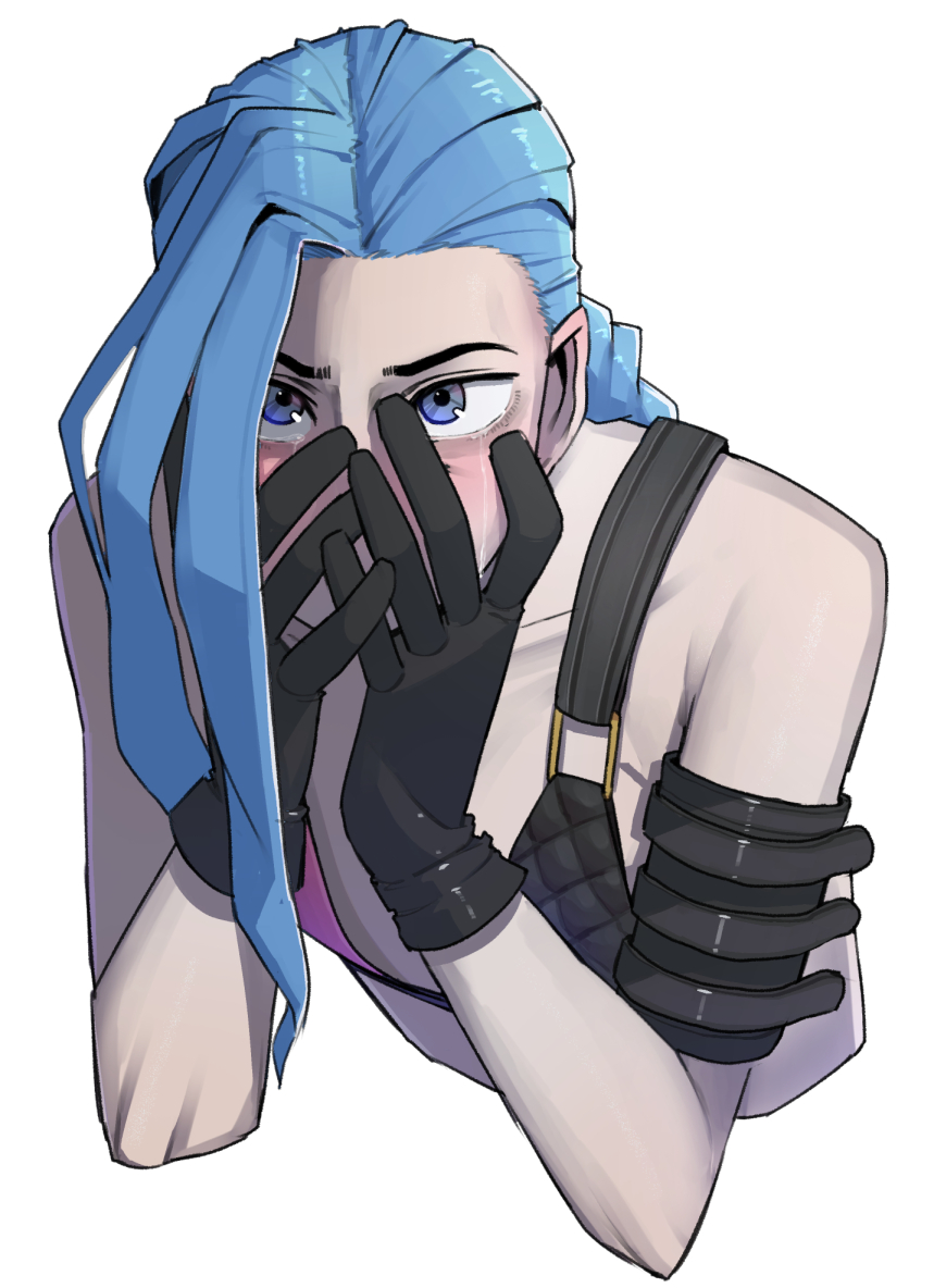 1girl arm_belt bare_shoulders belt black_gloves blue_eyes blue_hair blush collarbone crying crying_with_eyes_open gloves grey_background hands_on_own_face jinx_(league_of_legends) league_of_legends long_hair ohasi simple_background solo tears upper_body