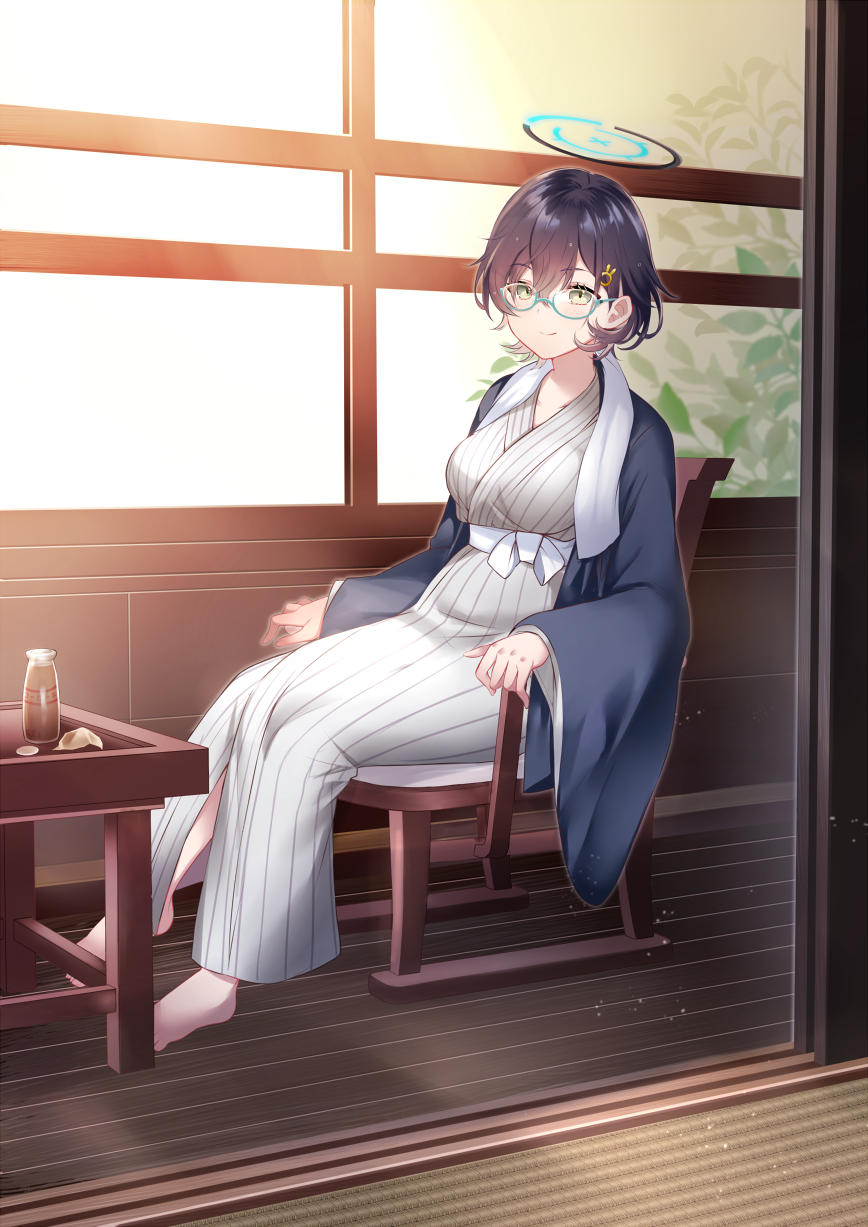 1girl bangs barefoot black_hair blue-framed_eyewear blue_archive bottle breasts bunny_hair_ornament chihiro_(blue_archive) chocolate_milk closed_mouth commentary_request glasses green_eyes grey_kimono hair_between_eyes hair_ornament halo highres indoors japanese_clothes kimono long_sleeves looking_at_viewer mashiro_aa medium_breasts milk_bottle on_chair open_clothes short_hair sitting sleeves_past_wrists smile solo striped striped_kimono table towel towel_around_neck vertical-striped_kimono vertical_stripes wide_sleeves wooden_floor