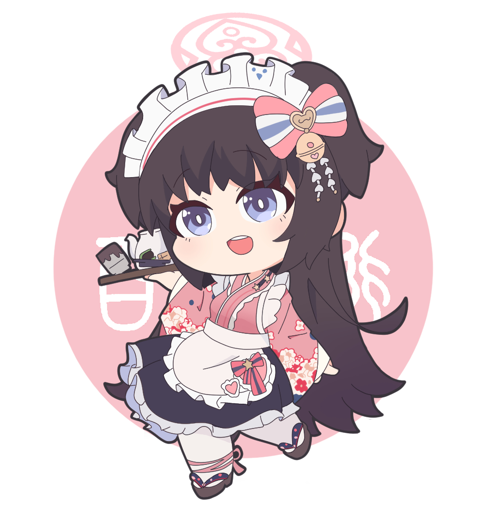 1girl :d apron background_text bangs bell black_footwear black_hair black_skirt blue_archive blue_eyes bow chibi commentary_request cup frilled_apron frilled_skirt frills full_body hair_bow halo hand_up holding holding_tray japanese_clothes jingle_bell kimono long_hair long_sleeves maid_headdress nyaru_(nyaru_4126) pantyhose pink_background pink_bow pink_kimono shizuko_(blue_archive) skirt sleeves_past_wrists smile solo standing standing_on_one_leg star_(symbol) teapot teeth translation_request tray two-tone_background two_side_up upper_teeth very_long_hair wa_maid white_apron white_background white_legwear wide_sleeves yunomi zouri