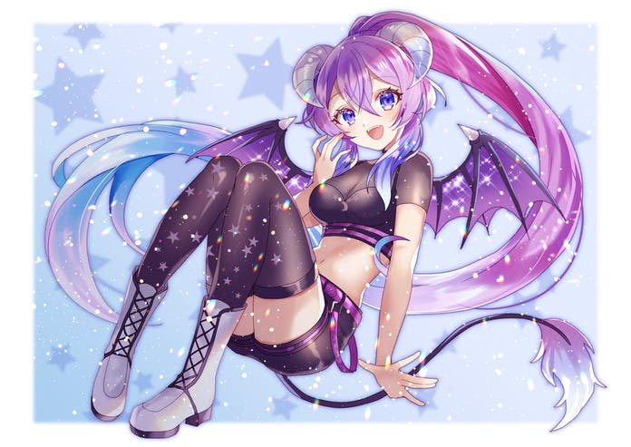 1girl azure_ryouka boots commission crop_top demon_girl demon_horns demon_tail demon_wings horns indie_virtual_youtuber long_hair looking_at_viewer ponytail purple_hair shione_(memento_forest) skeb_commission solo starry_background tail thigh-highs very_long_hair virtual_youtuber wings