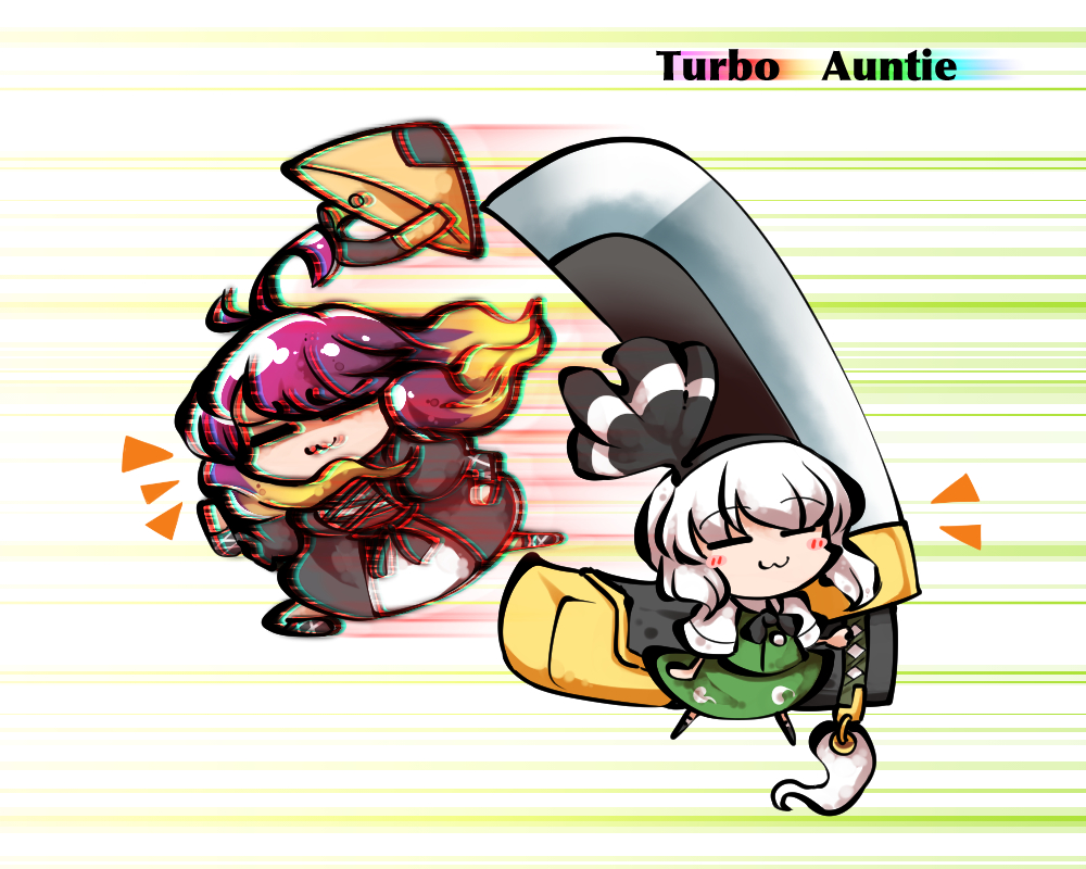 2girls :3 =_= ajirogasa chibi dress gradient_hair green_skirt green_vest hairband hat hijiri_byakuren kashuu_(b-q) konpaku_youmu multicolored_hair multiple_girls skirt sword touhou vest weapon white_hair