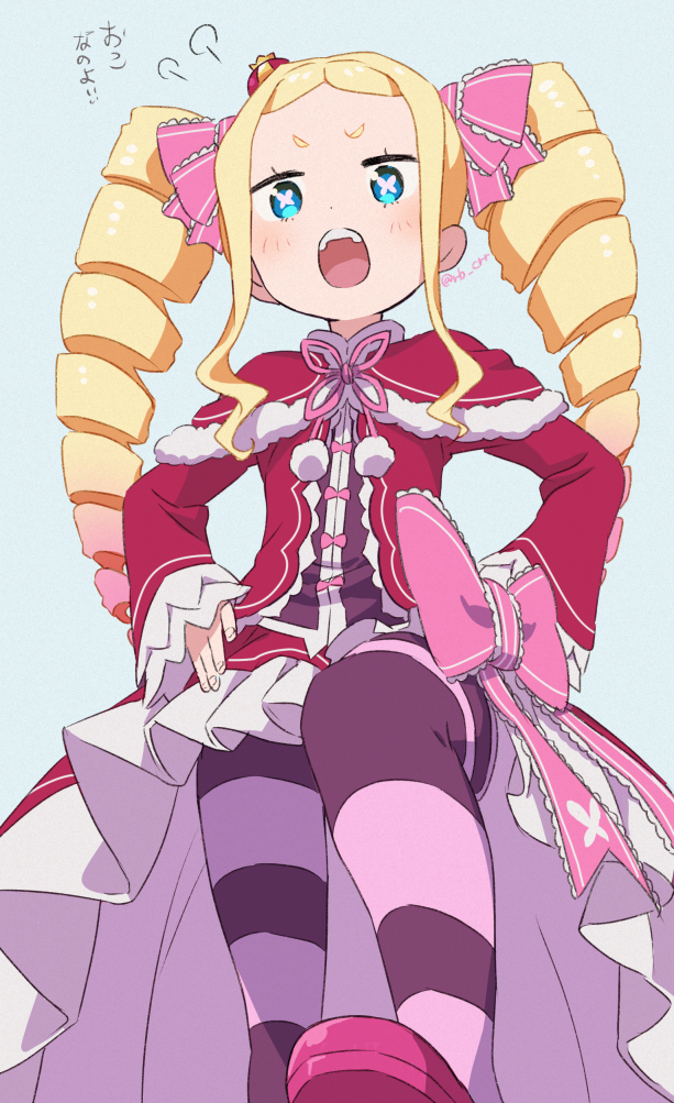 angry beatrice_(re:zero) blonde_hair blue_eyes dress drill_hair hair_ribbon long_hair open_mouth re:zero_kara_hajimeru_isekai_seikatsu red_dress ribbon shoes sidelocks simple_background stepped_on striped striped_legwear symbol-shaped_pupils teeth twin_drills yomo_(rb_crr)