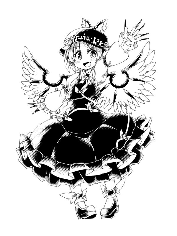 1girl animal_ears bird_ears bird_wings blush dress fang fingernails frilled_dress frilled_sleeves frills full_body greyscale ini_(inunabe00) long_fingernails long_sleeves monochrome mystia_lorelei nail_polish open_mouth sharp_fingernails shoes short_hair simple_background smile solo touhou white_background winged_hat wings