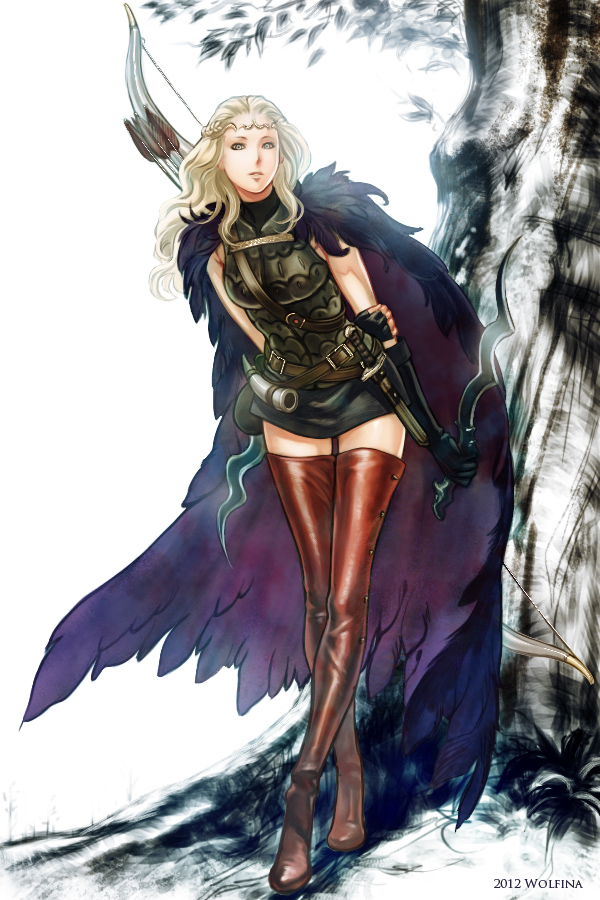 1girl 2012 arms_behind_back arrow_(projectile) artist_name belt black_gloves black_skirt blonde_hair boots bow_(weapon) braid breasts brown_belt cape circlet crossed_legs dagger dragon's_dogma elbow_gloves feathered_cape fingerless_gloves french_braid full_body gloves hand_on_own_arm holding holding_dagger holding_weapon knife leaf leaning_forward light_blue_eyes long_hair long_legs looking_at_viewer medium_breasts miniskirt multiple_belts parted_lips pawn_(dragon's_dogma) red_footwear simple_background single_fingerless_glove skirt sleeveless solo standing thigh_boots tree turtleneck watson_cross weapon white_background wolfina zettai_ryouiki