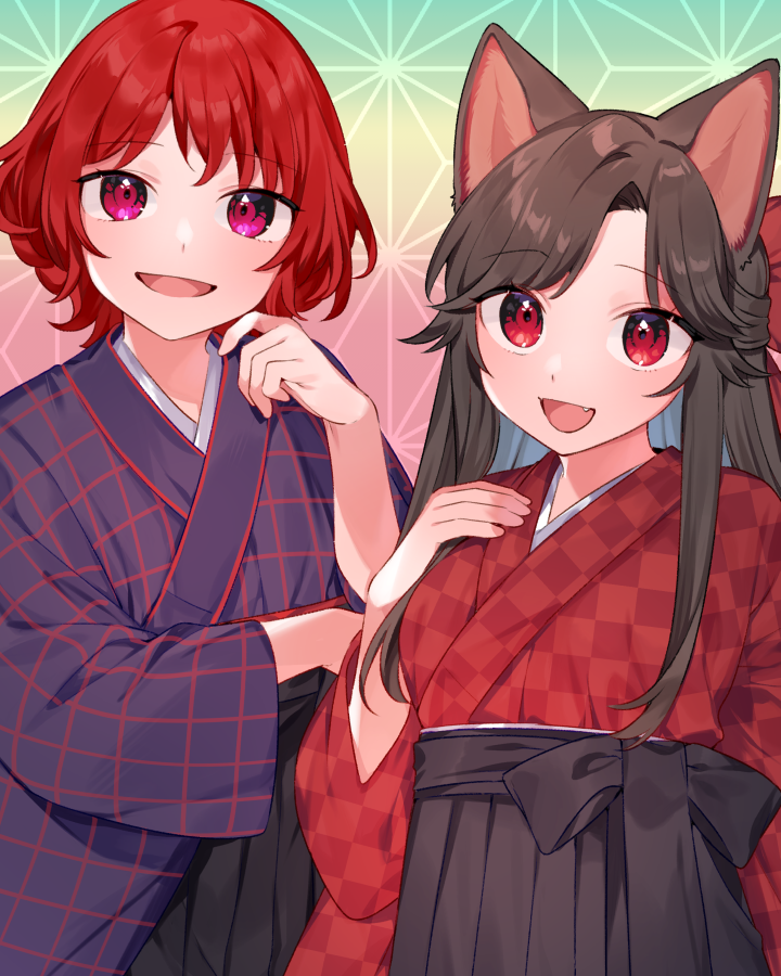 2girls akagashi_hagane alternate_costume alternate_eye_color animal_ears bangs blush brown_hair commentary_request commission fang hand_up hands_up horikawa_raiko imaizumi_kagerou japanese_clothes kimono long_hair long_sleeves looking_at_viewer multiple_girls open_mouth pink_eyes red_eyes redhead short_hair skeb_commission smile standing tongue touhou wide_sleeves wolf_ears