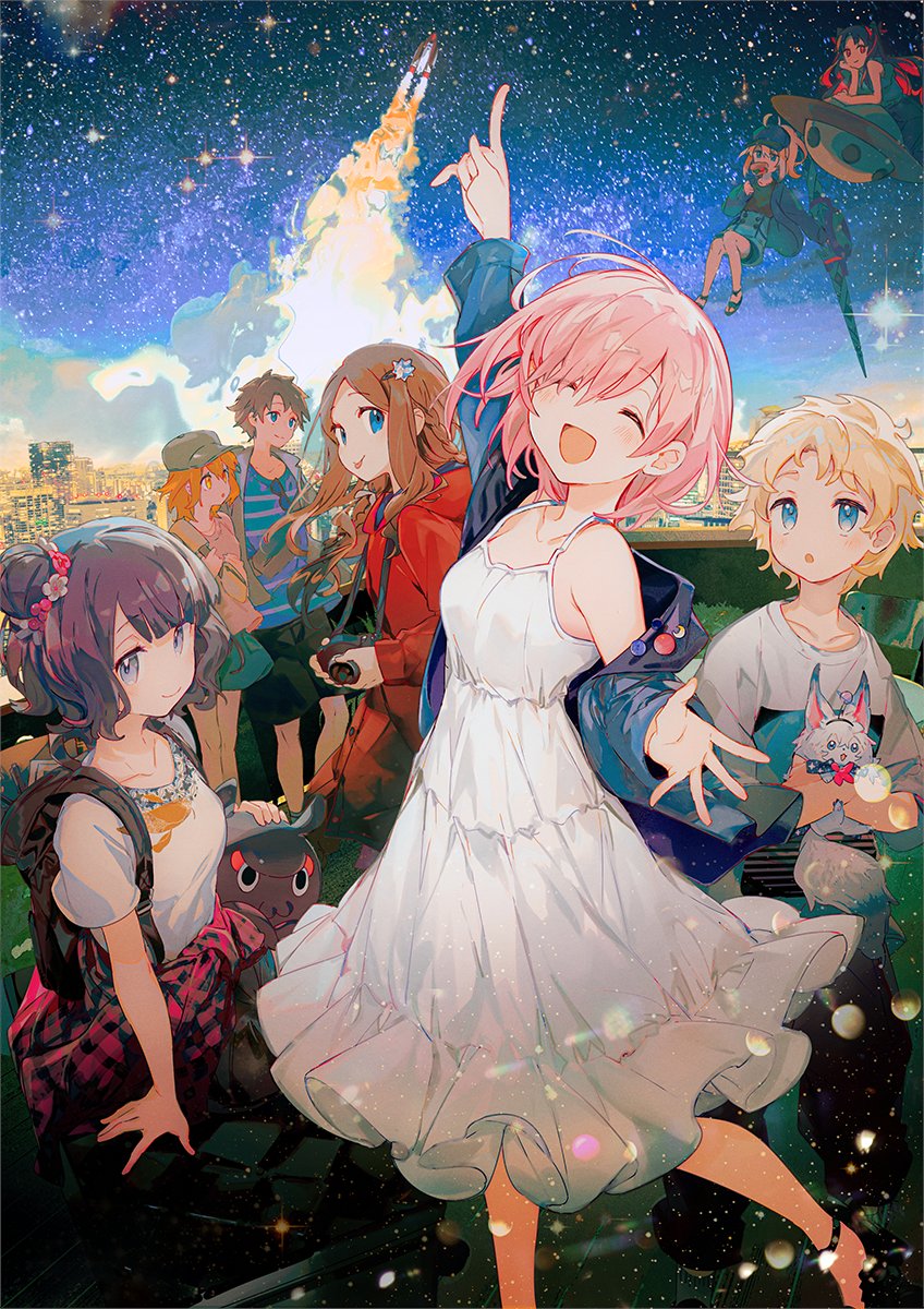 2boys 6+girls :d :o :p ^_^ aqua_skirt arm_support artoria_pendragon_(fate) backpack badge bag baseball_cap black_bag black_hair black_shorts blonde_hair blue_eyes blue_shirt braid brown_hair building button_badge camera camera_around_neck casual city closed_eyes clothes_around_waist collarbone creature crescent dress eyewear_on_clothing eyewear_removed fanny_pack fate/grand_order fate_(series) floating flower flying_saucer food food_in_mouth fou_(fate) from_side fujimaru_ritsuka_(female) fujimaru_ritsuka_(male) hair_bun hair_flower hair_ornament hairclip hand_on_own_cheek hand_on_own_face hat highres holding holding_camera holding_creature holding_weapon hood hooded_jacket jacket jacket_around_waist katsushika_hokusai_(fate) leonardo_da_vinci_(fate) long_hair looking_at_viewer looking_to_the_side mash_kyrielight multicolored_hair multiple_boys multiple_girls mysterious_heroine_x_(fate) namie-kun octopus off_shoulder official_alternate_costume official_art orange_eyes orange_hair outstretched_arm outstretched_hand petting pink_hair plaid plaid_jacket pointing pointing_up ponytail reaching_out red_jacket redhead rocket rocket_ship shirt short_hair short_sleeves shorts sitting skirt skyscraper smile smoke_trail space_ishtar_(first_ascension)_(fate) spacecraft spaghetti_strap standing star_(sky) striped striped_shirt sundress sunglasses t-shirt tokitarou_(fate) tongue tongue_out two-tone_hair two_side_up voyager_(fate) weapon white_dress white_shirt