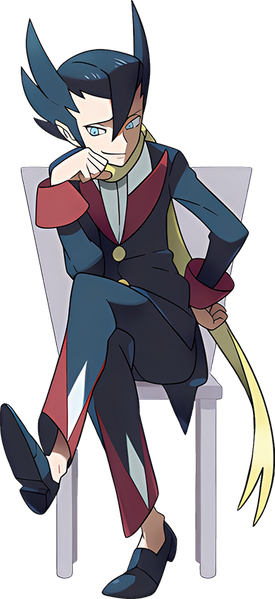 1boy bangs black_hair blue_eyes buttons chair clenched_hands closed_mouth crossed_legs full_body grimsley_(pokemon) hair_between_eyes hand_on_hip hand_up long_sleeves looking_down male_focus official_art oomura_yuusuke pants pointy_hair pokemon pokemon_(game) pokemon_bw scarf shirt shoes sitting smile solo tailcoat white_shirt yellow_scarf