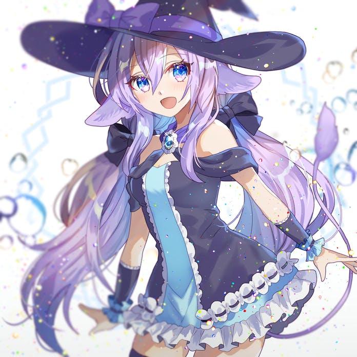 1girl animal_ears blue_eyes commission dress hair_ribbon hat indie_virtual_youtuber long_hair looking_at_viewer open_mouth puncakes_(vtuber) purple_hair ribbon shione_(memento_forest) skeb_commission smile solo tail twintails very_long_hair virtual_youtuber witch_hat