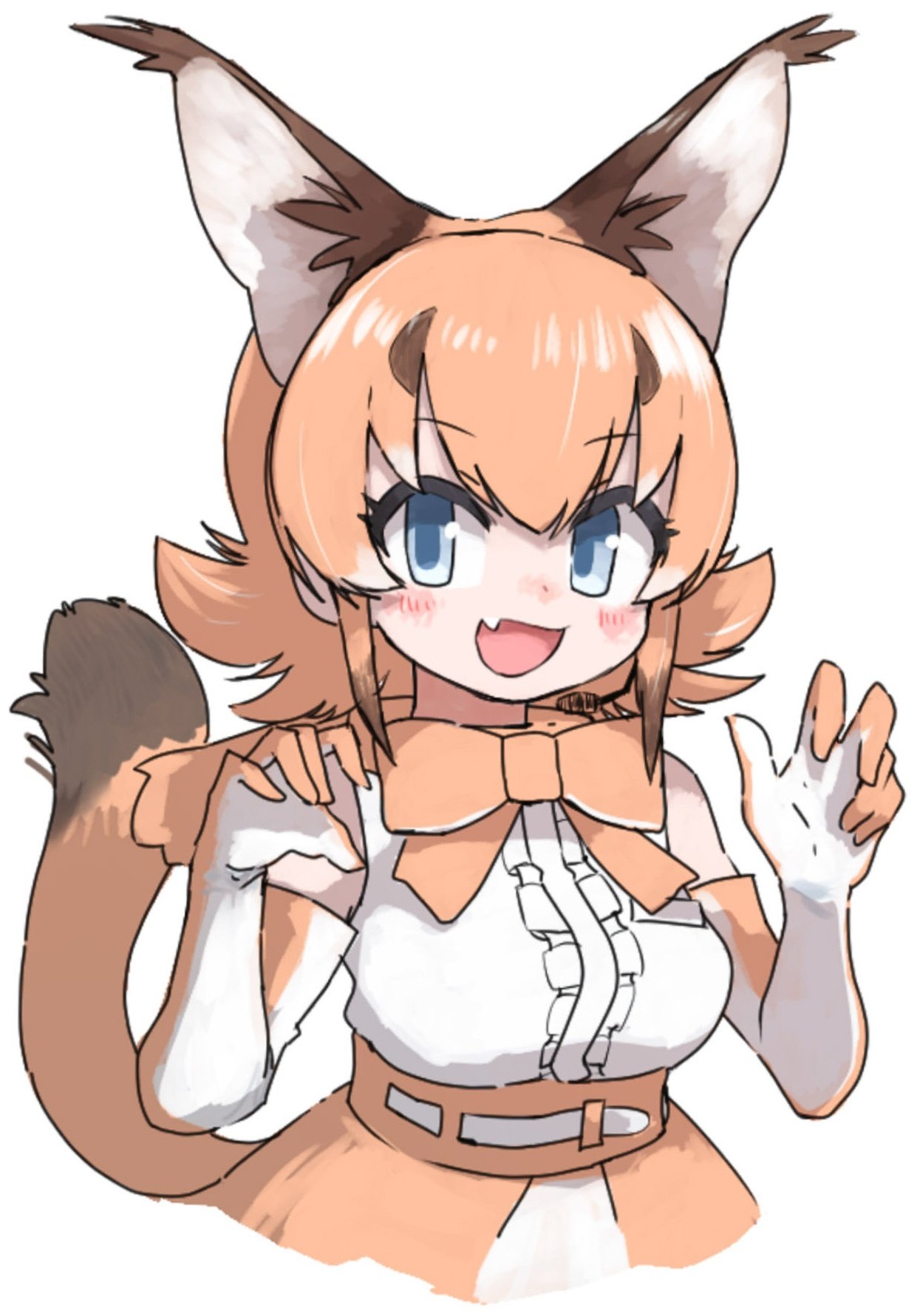 1girl animal_ears bare_shoulders black_hair blue_eyes blush bow bowtie buttergirl_02 caracal_(kemono_friends) caracal_ears cat_ears cat_girl cat_tail claw_pose commentary_request elbow_gloves extra_ears gloves high-waist_skirt highres kemono_friends orange_bow orange_bowtie orange_hair orange_skirt shirt short_hair sidelocks skirt sleeveless solo tail upper_body white_shirt